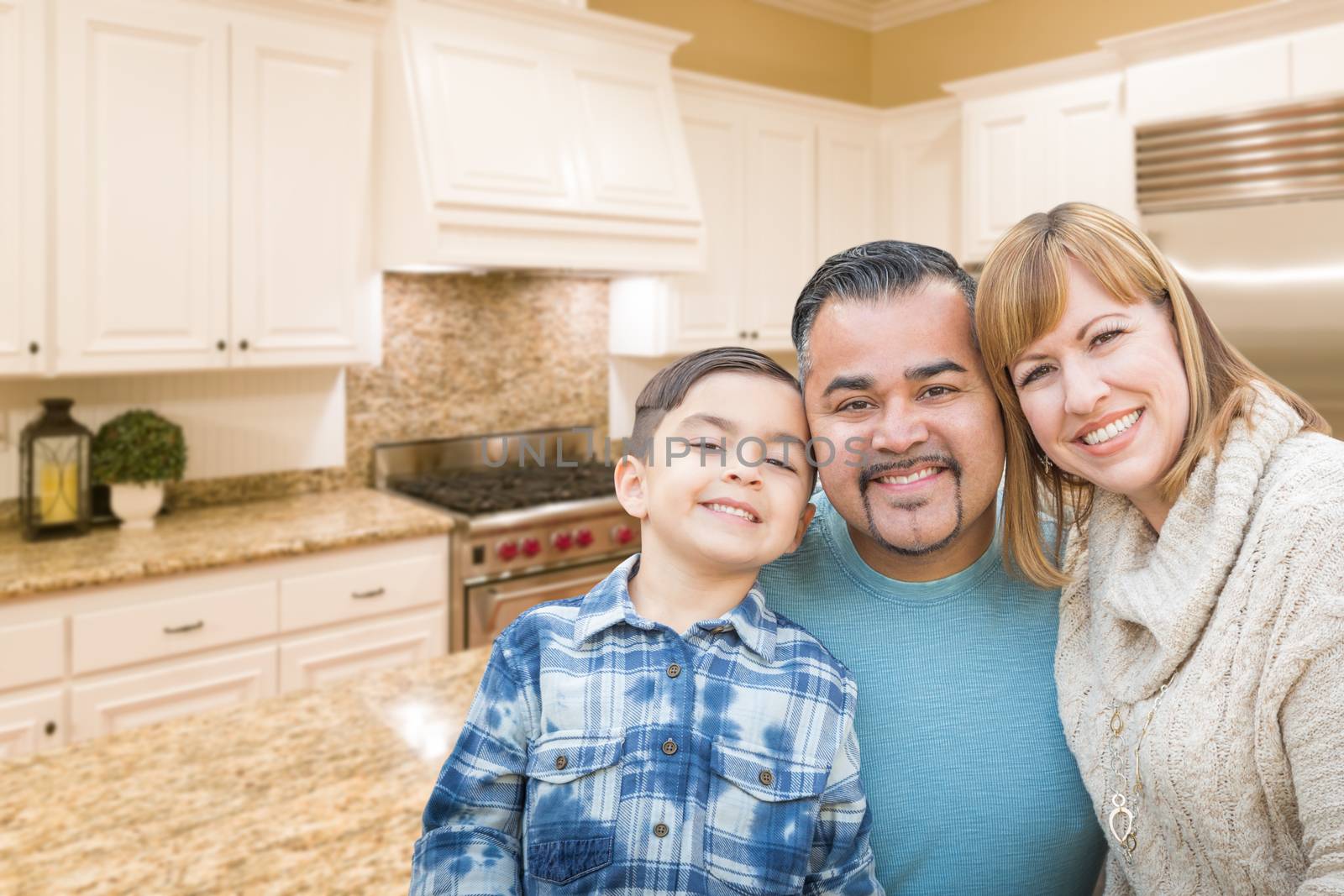 Young Mixed Race Family Having in Beautiful Custom Kitchen by Feverpitched