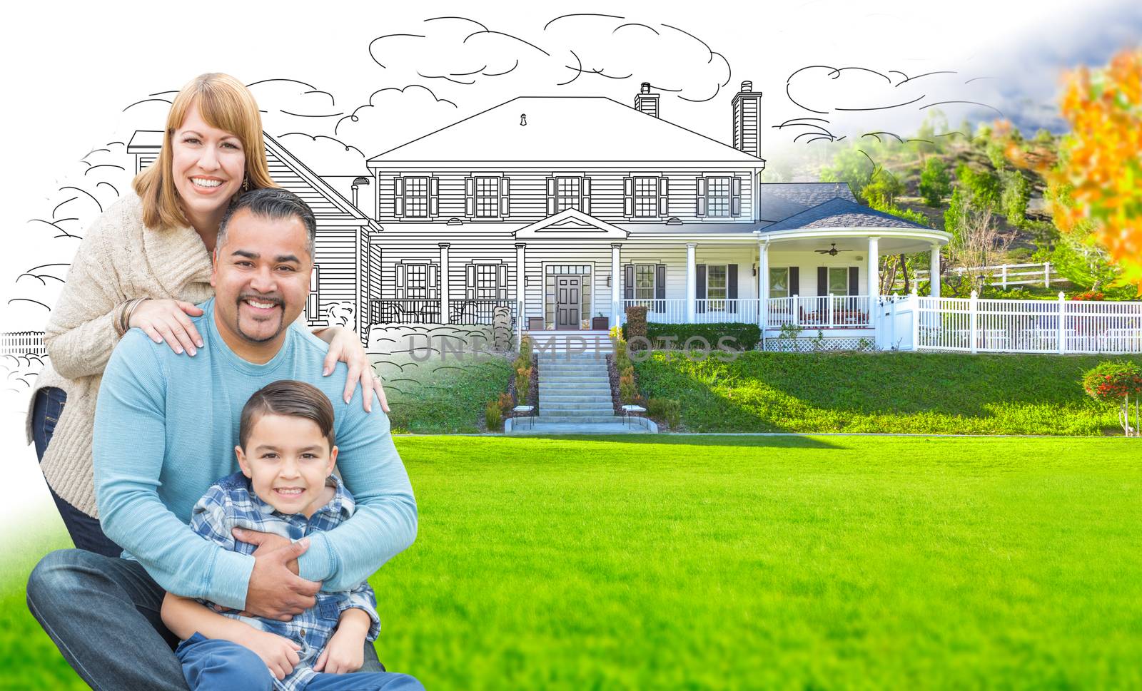 Mixed Race Hispanic and Caucasian Family In Front of Gradation of House Drawing and Photograph by Feverpitched