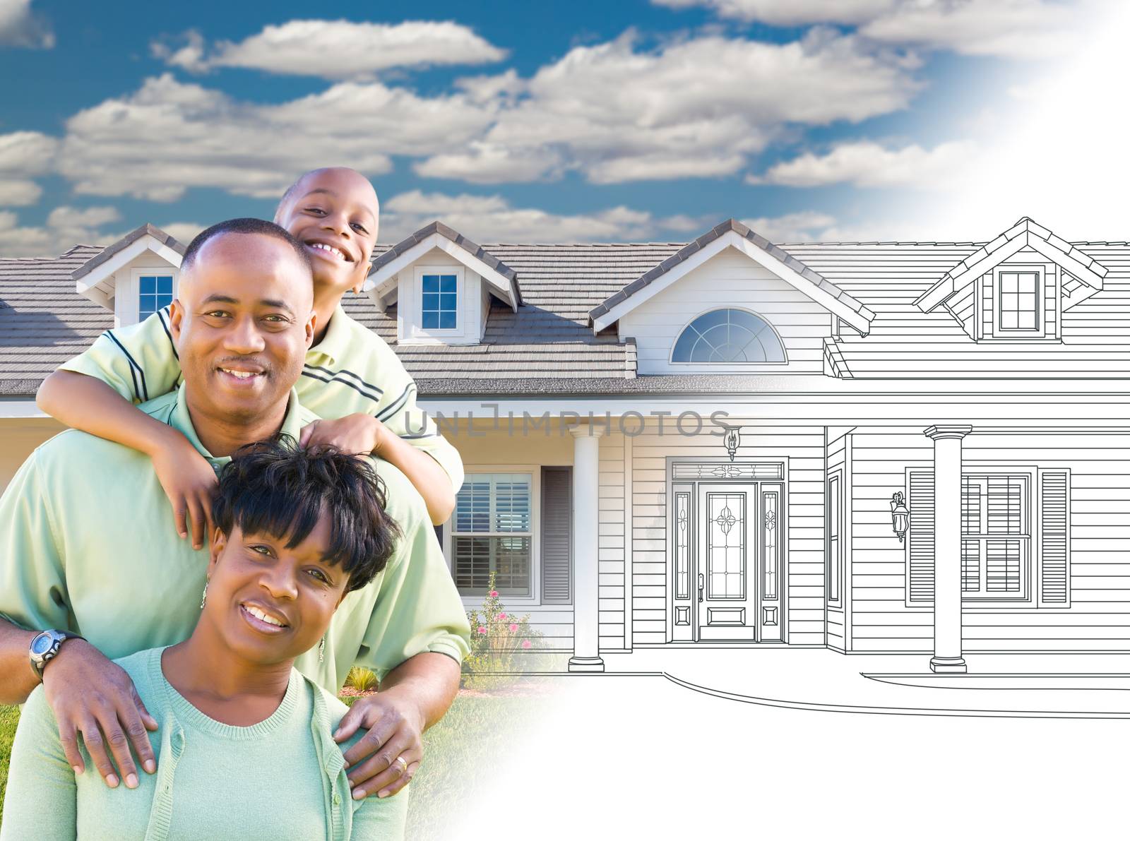 African American Family In Front of Drawing of New House Gradating Into Photograph.