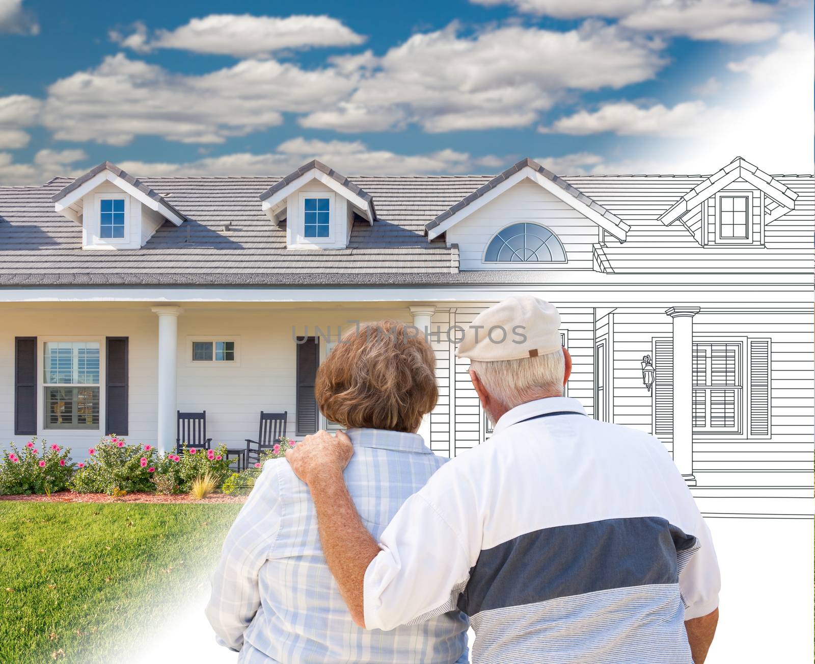 Senior Couple Looking At New House Drawing Gradating Into Photograph.