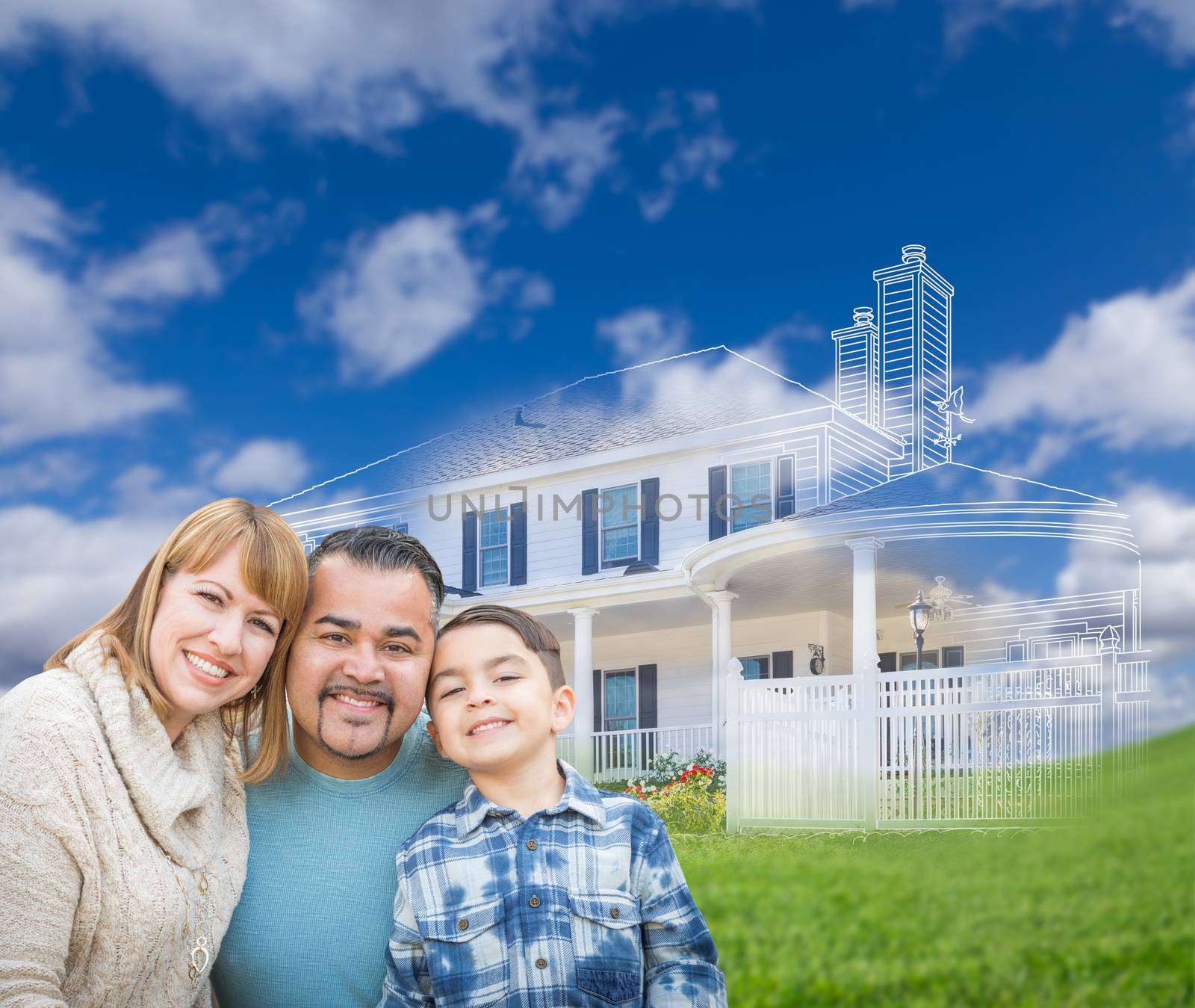 Mixed Race Hispanic and Caucasian Family In Front of Ghosted House Drawing on Grass.