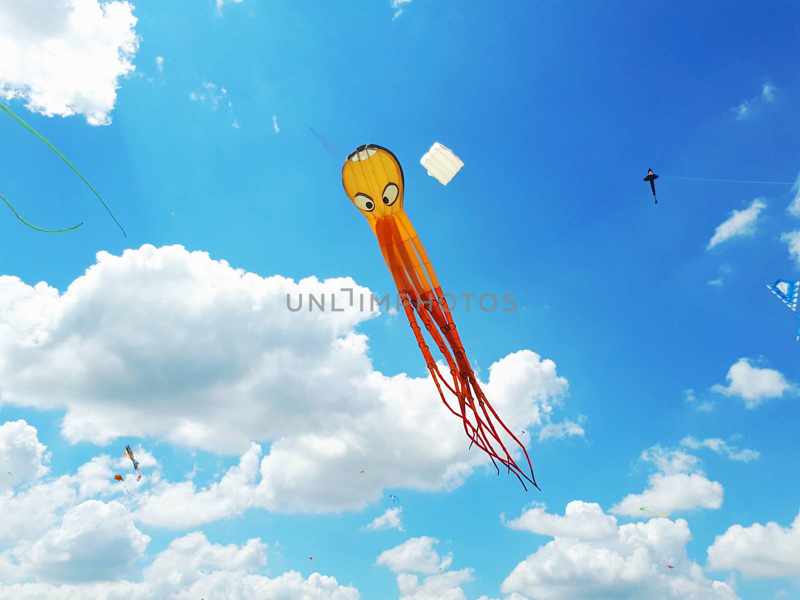 Big kite flying in a blue sky. Kites of various shapes by natazhekova