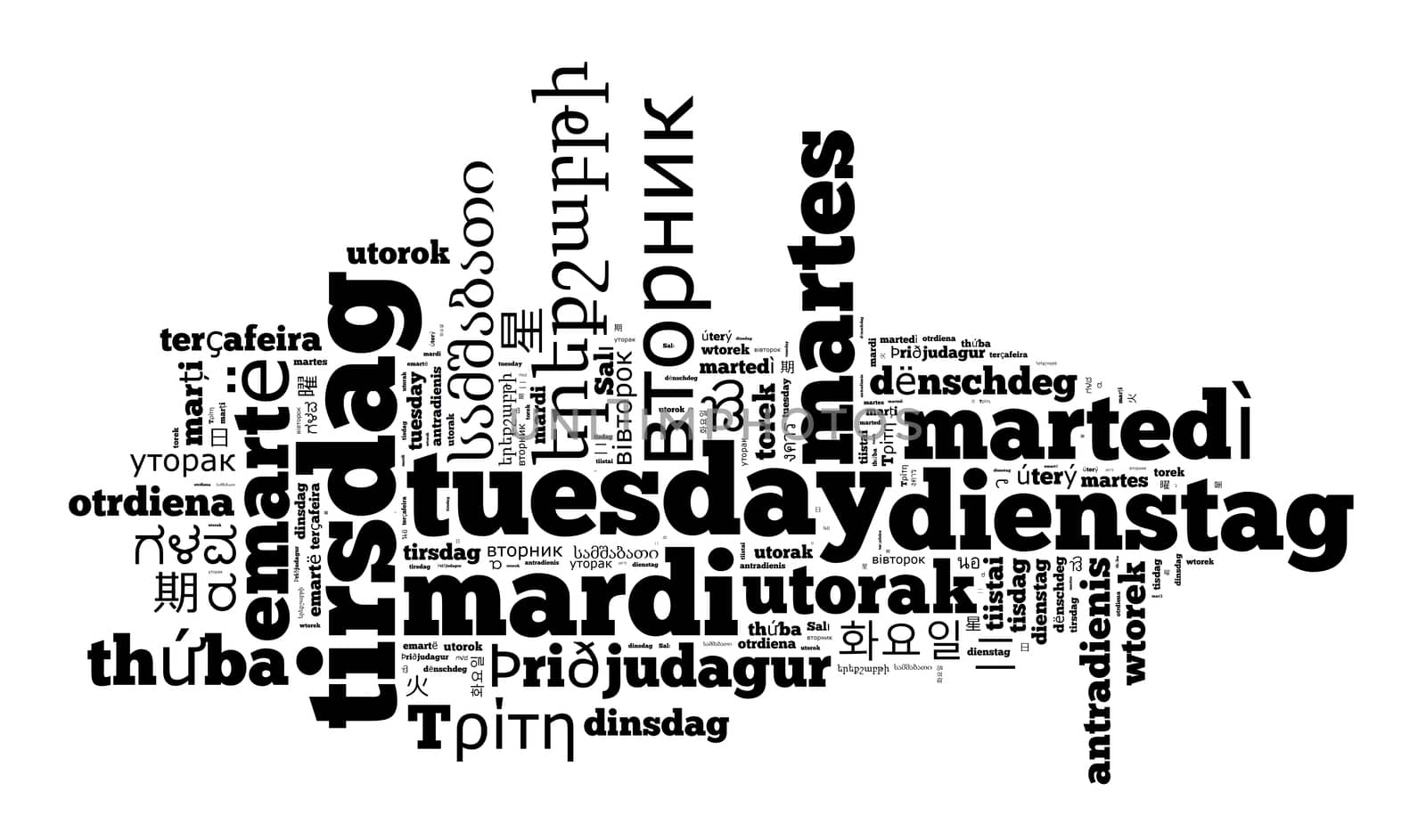 Word Tuesday in different languages word cloud concept in heart shape