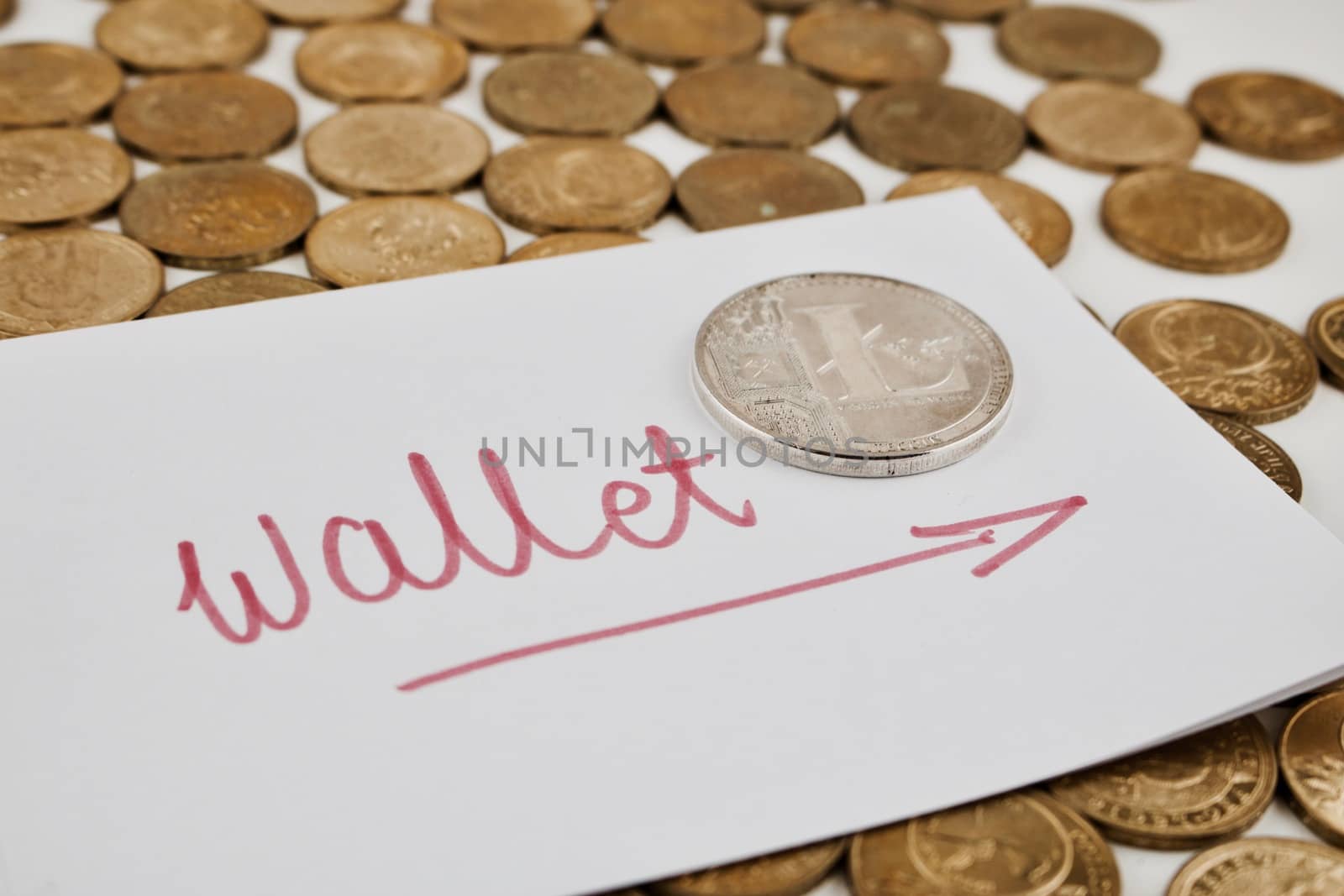 Digital currency physical silver Litecoin coin on paper with wallet sign.