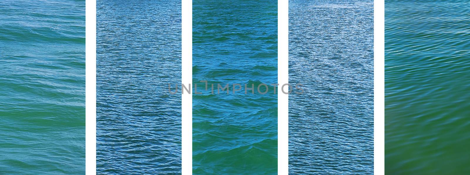 Panoramic water set of ocean seawater texture images on banner
