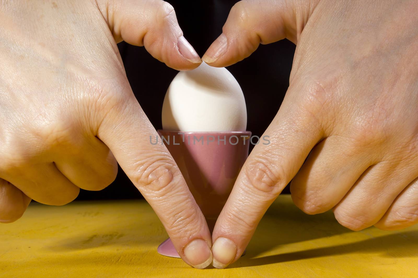 Boiled egg in the holder and the hands of the cook