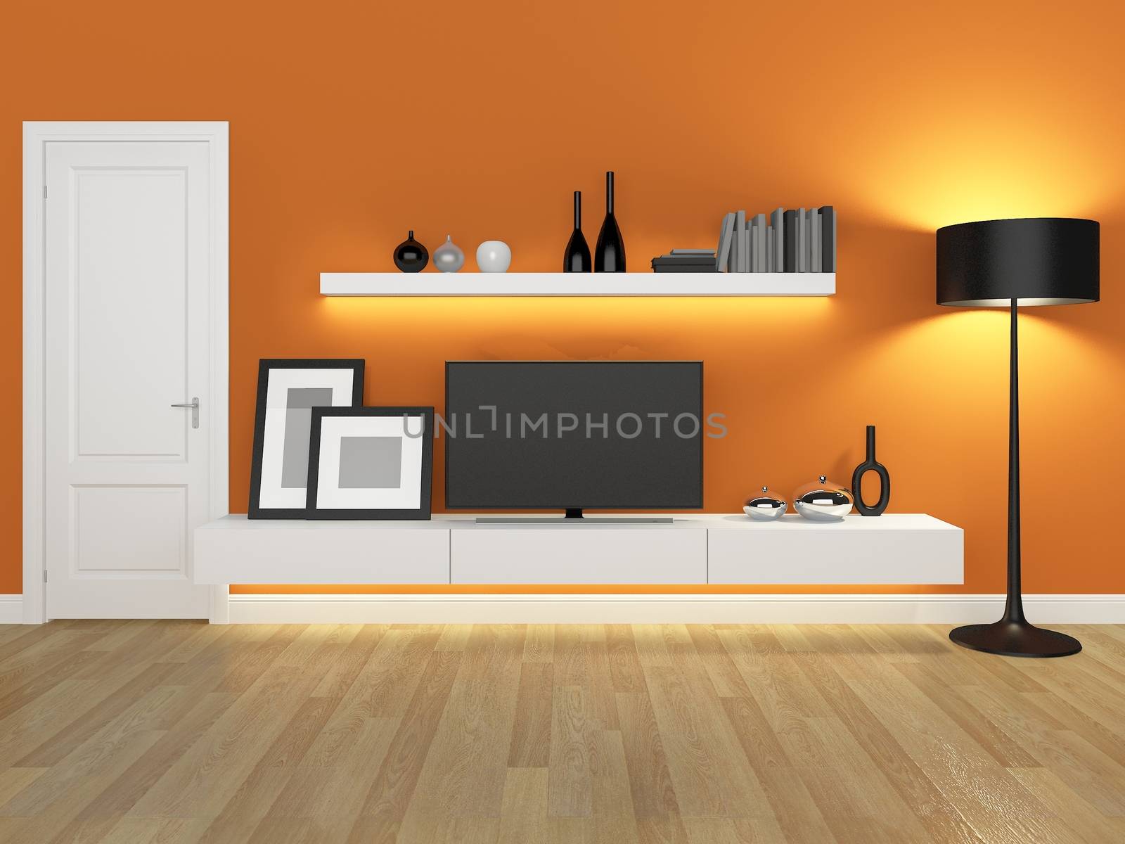 orange living room with tv stand and bookcase - rendering
