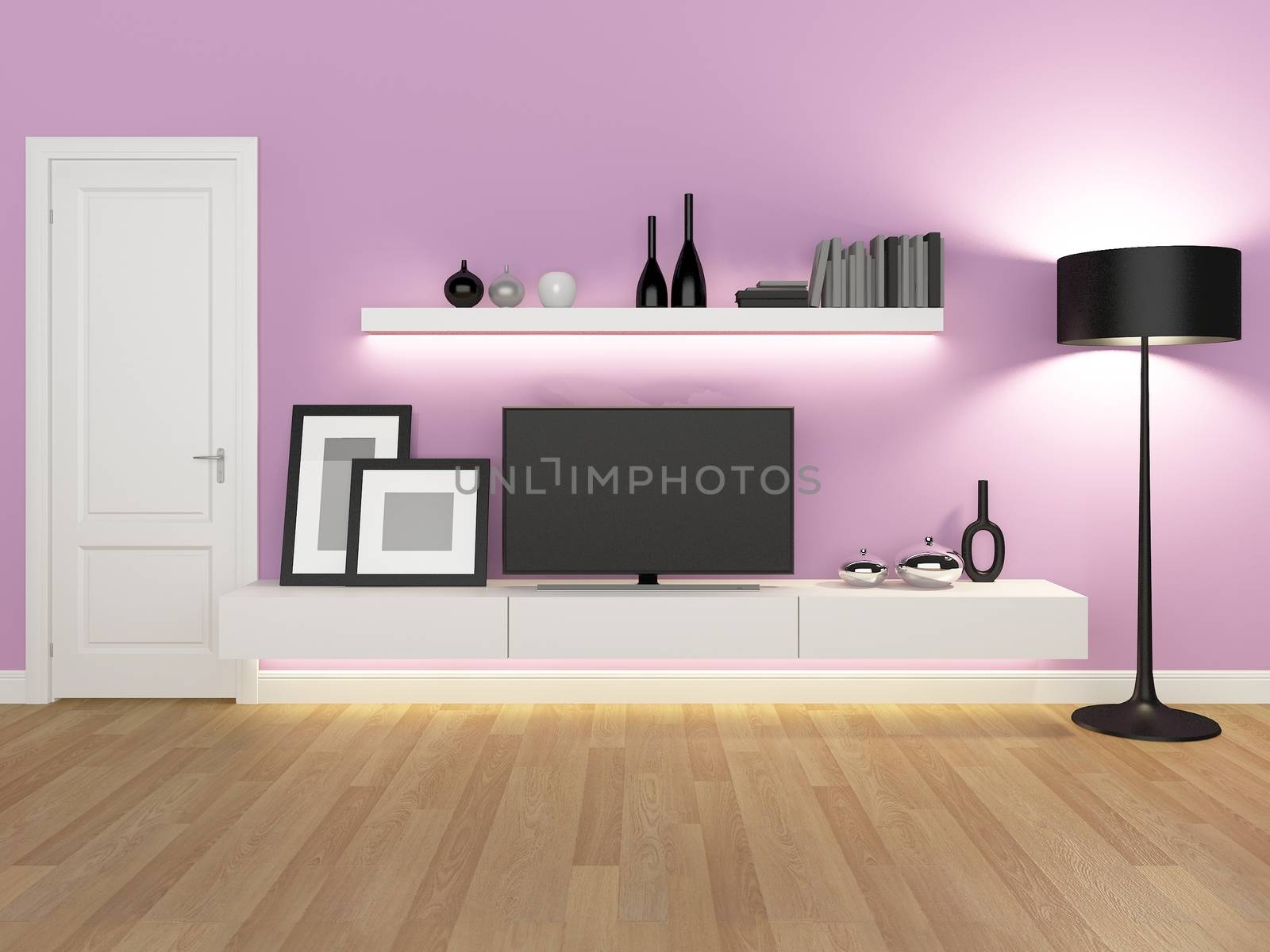 pink living room with tv stand and bookcase - renderingg