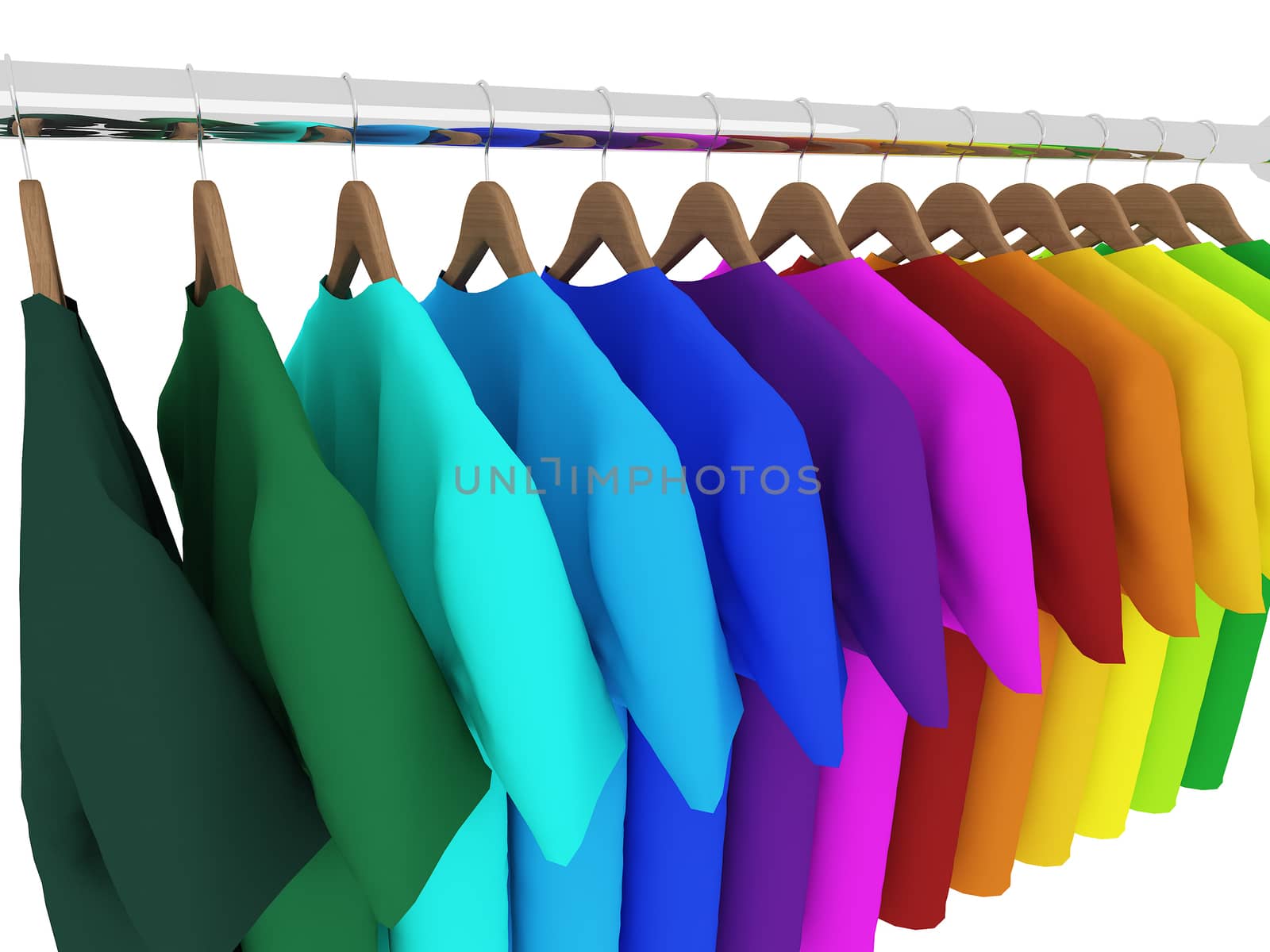 colorful shirts with hangers isolated on white,3d