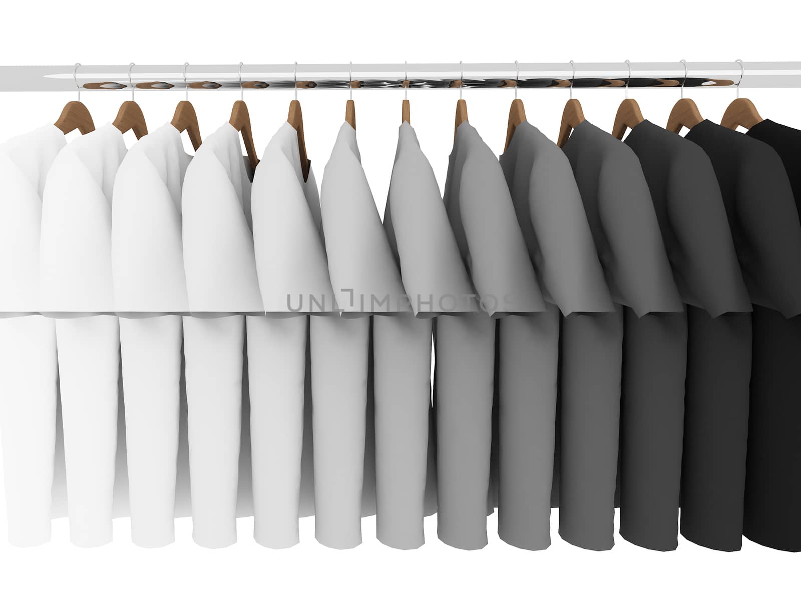 black and white  shirts with hangers isolated on white,3d