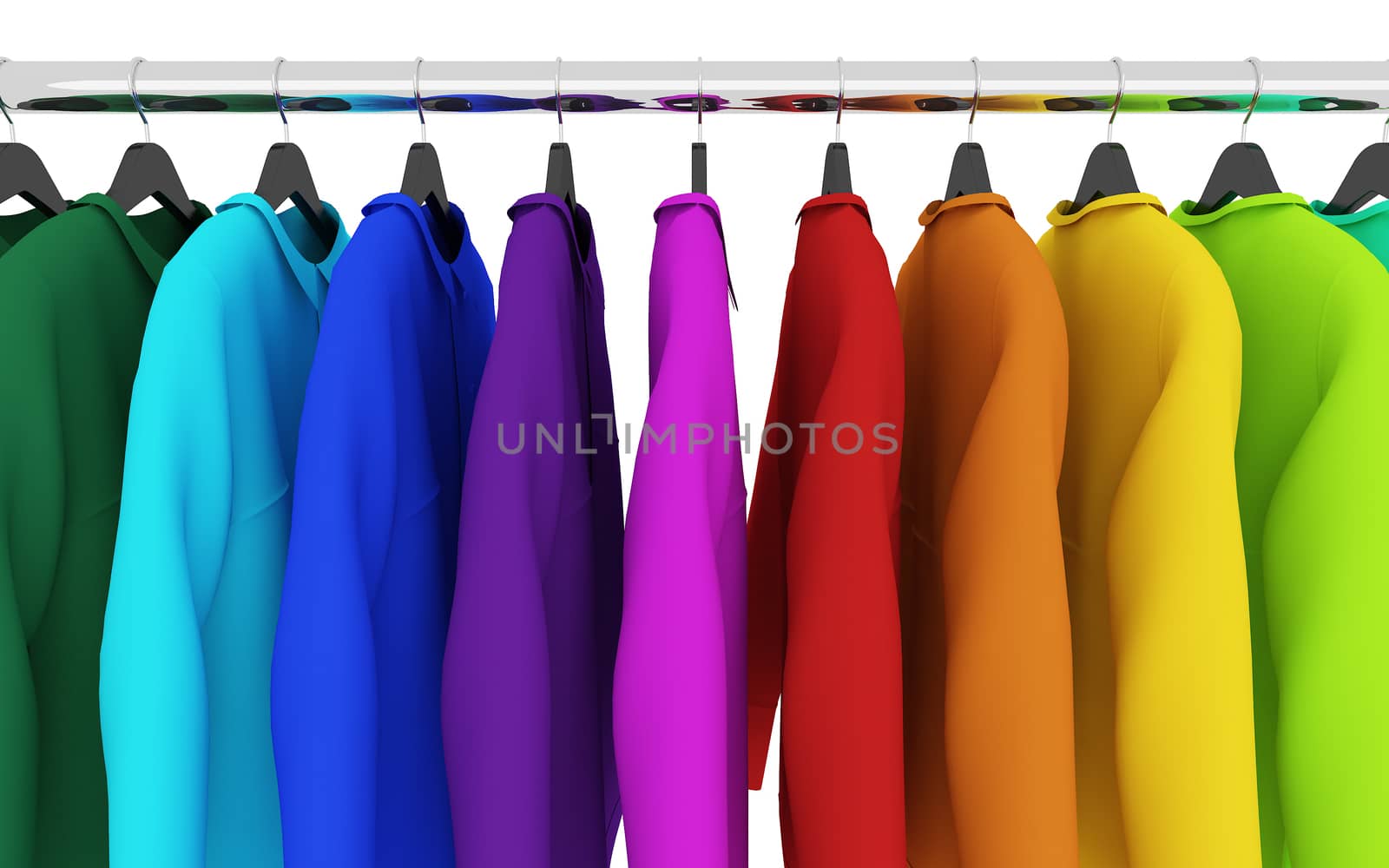 colorful shirts with hangers isolated on white,3d