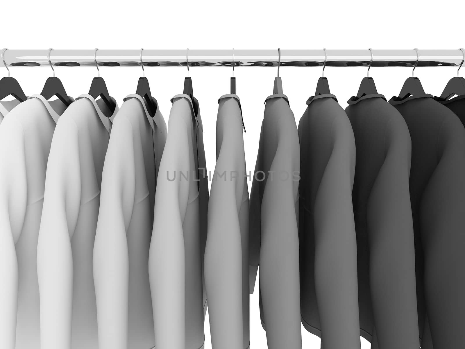 black and white  shirts with hangers isolated on white,3d
