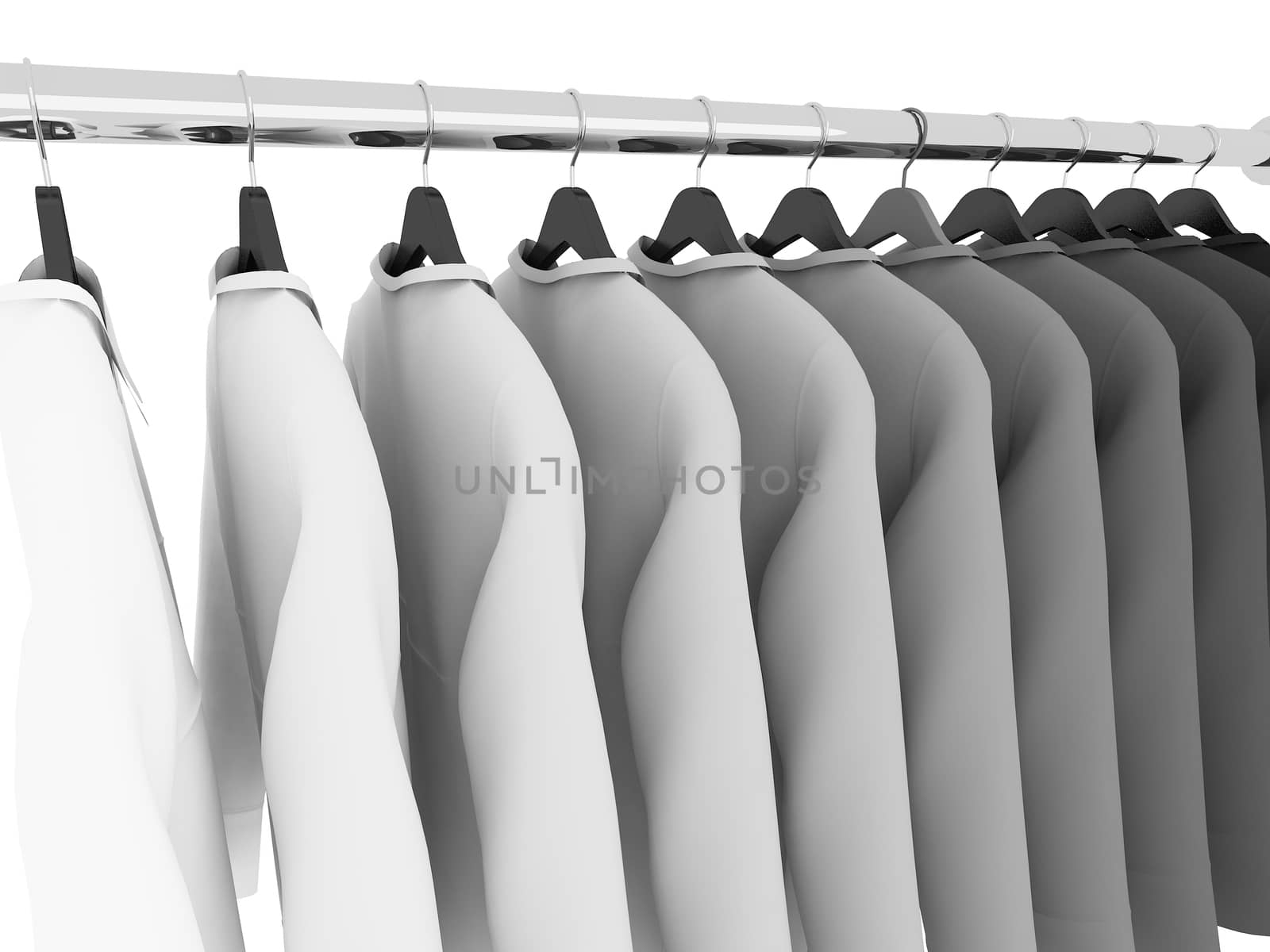 black and white  shirts with hangers isolated on white,3d