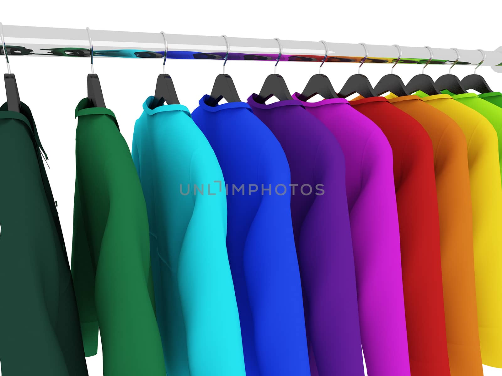 colorful shirts with hangers isolated on white,3d