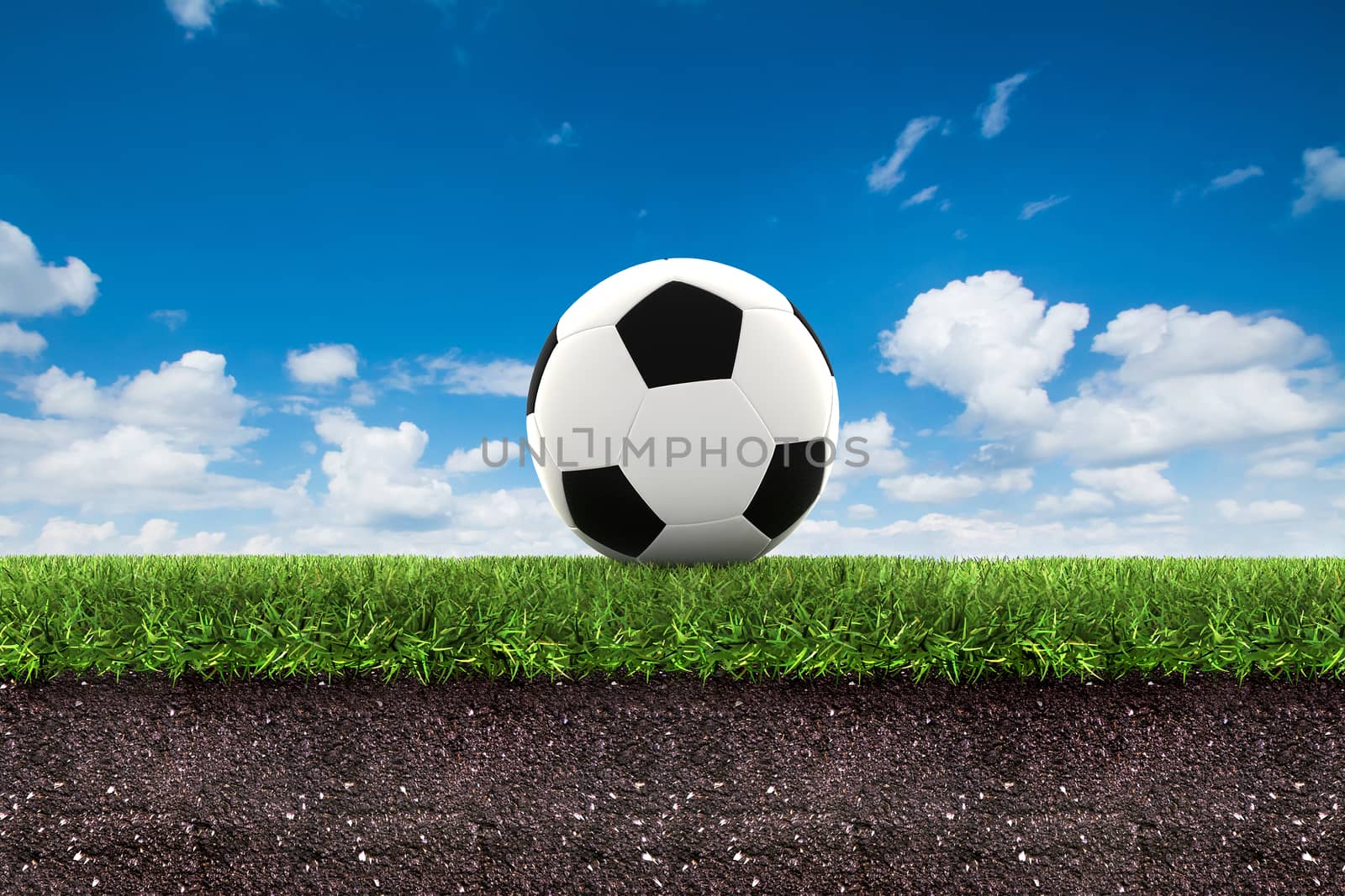 football on green grass with soil on blue sky.,3d rendering