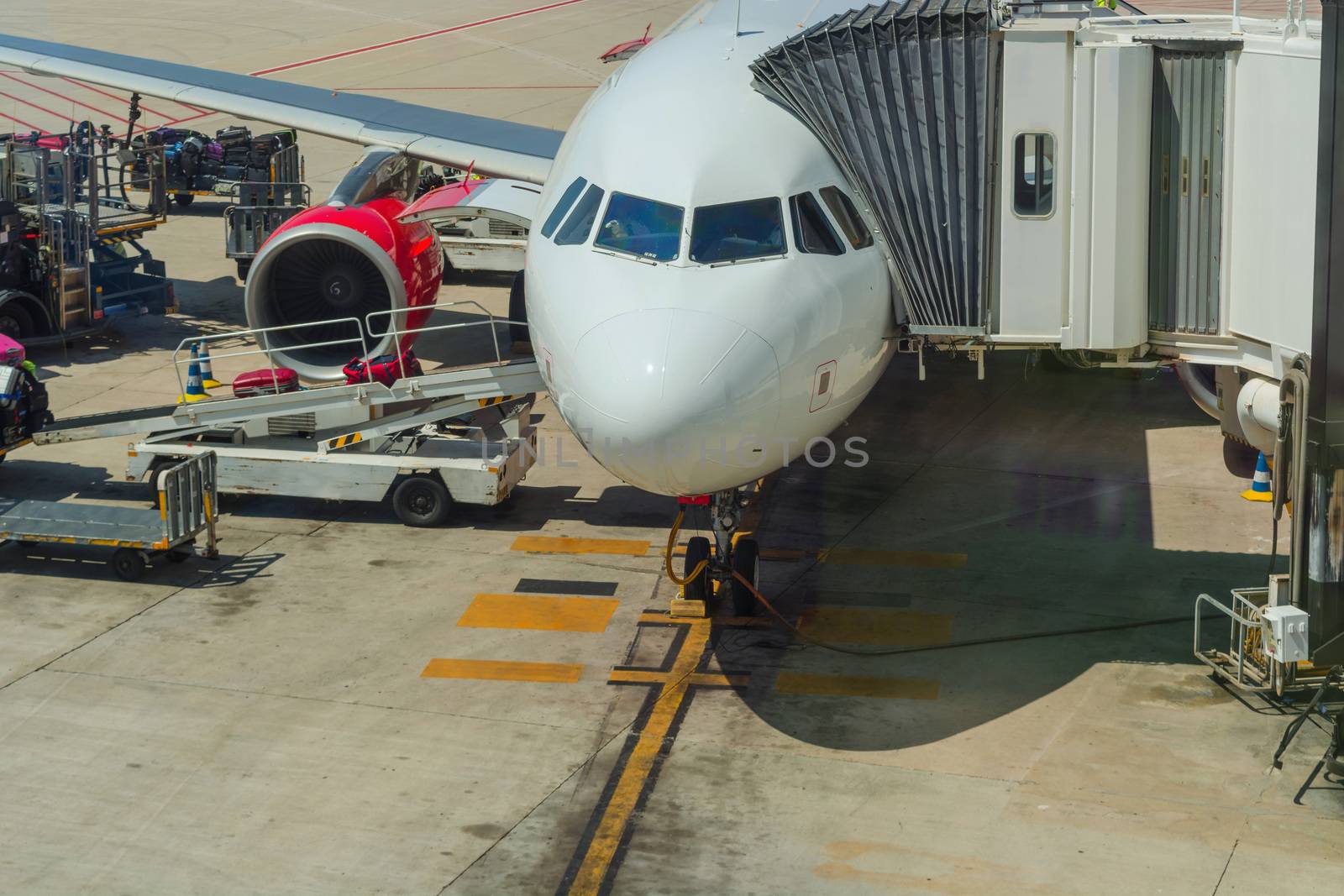  Airport of Mallorca, airplane in departure area during loading and refueling ready for departure.