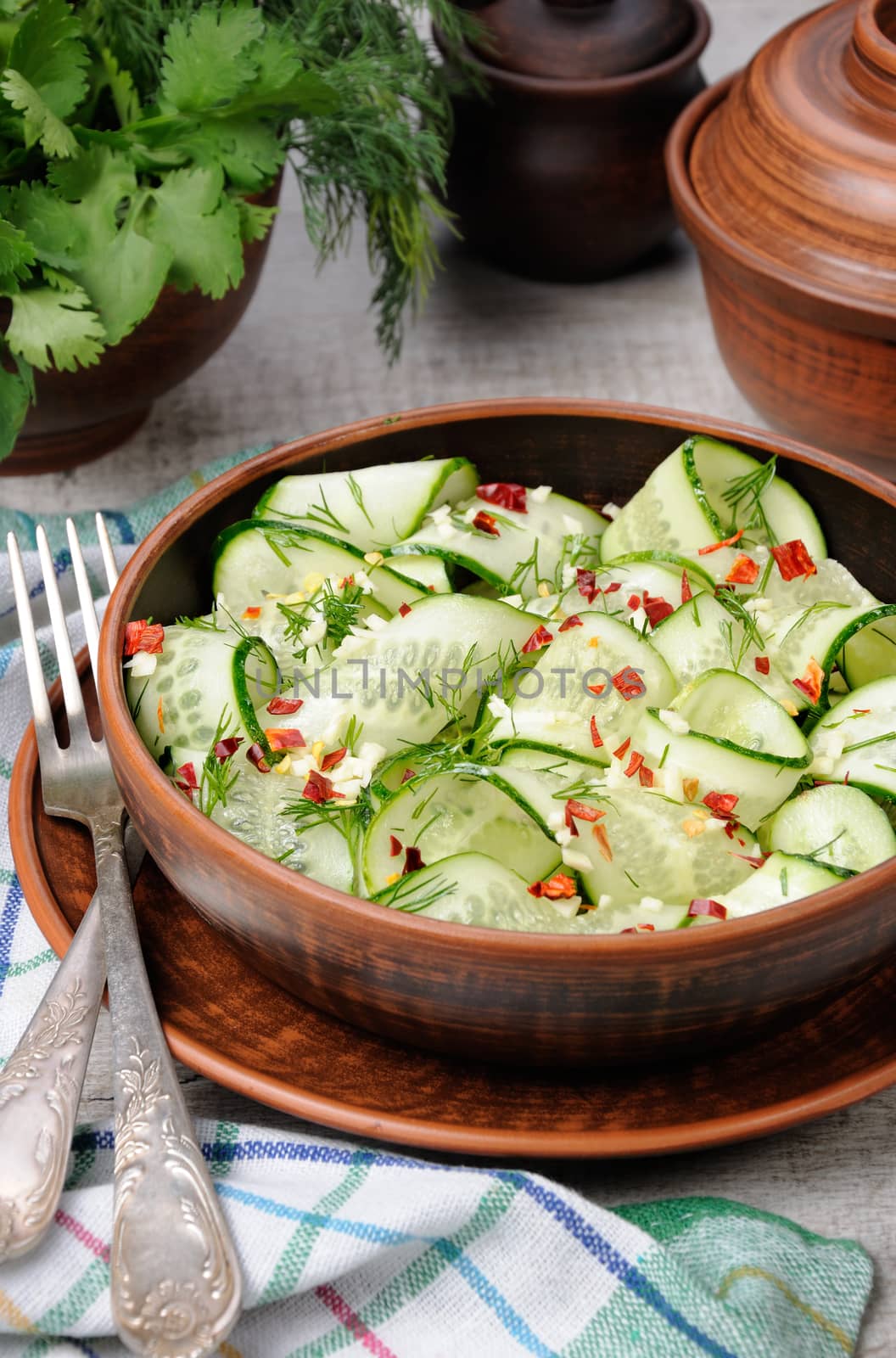 A bowl of salad from cucumber strips with spices, garlic and dill. Rustic style.