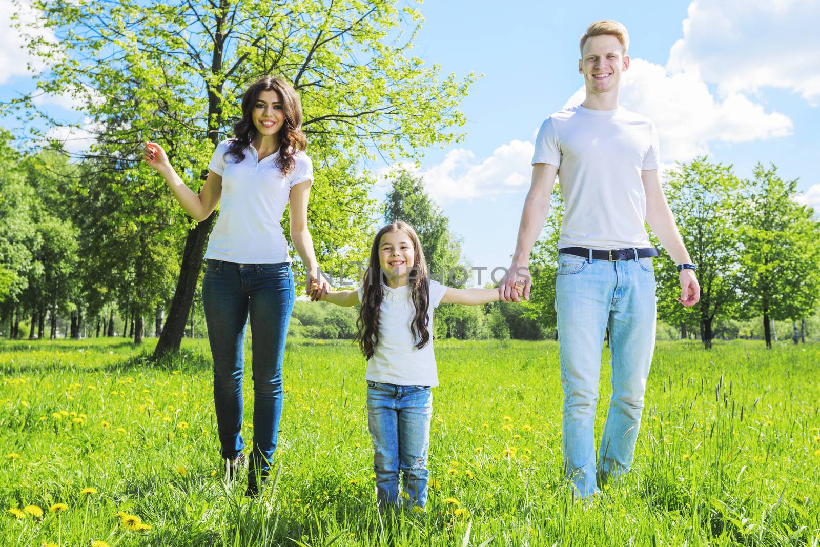 Cheerful family in summer sunny park walking on grass