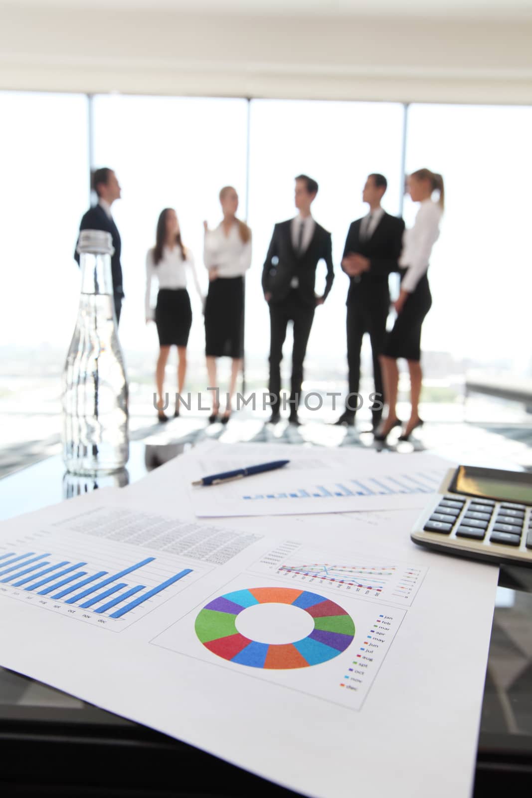 Close up view of printed graphs and business people discussing financial data