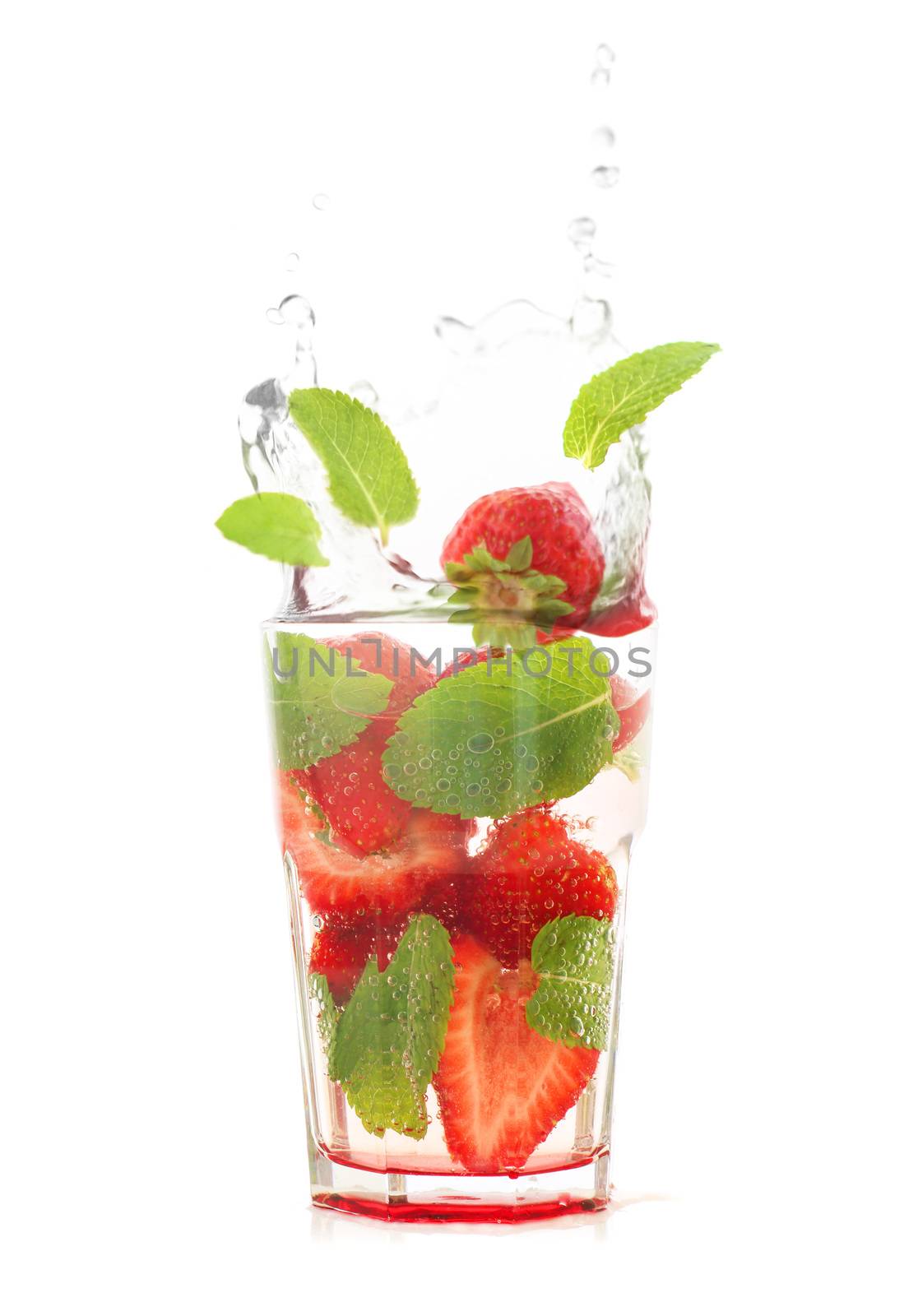 Strawberry mojito with splash isolated on white background