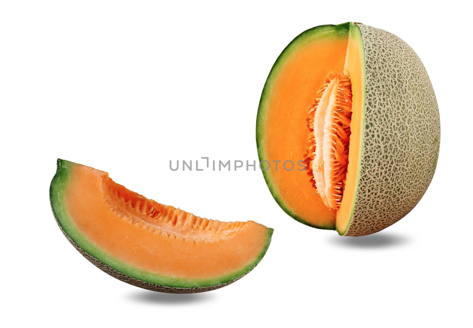 Melon sliced on a white background.