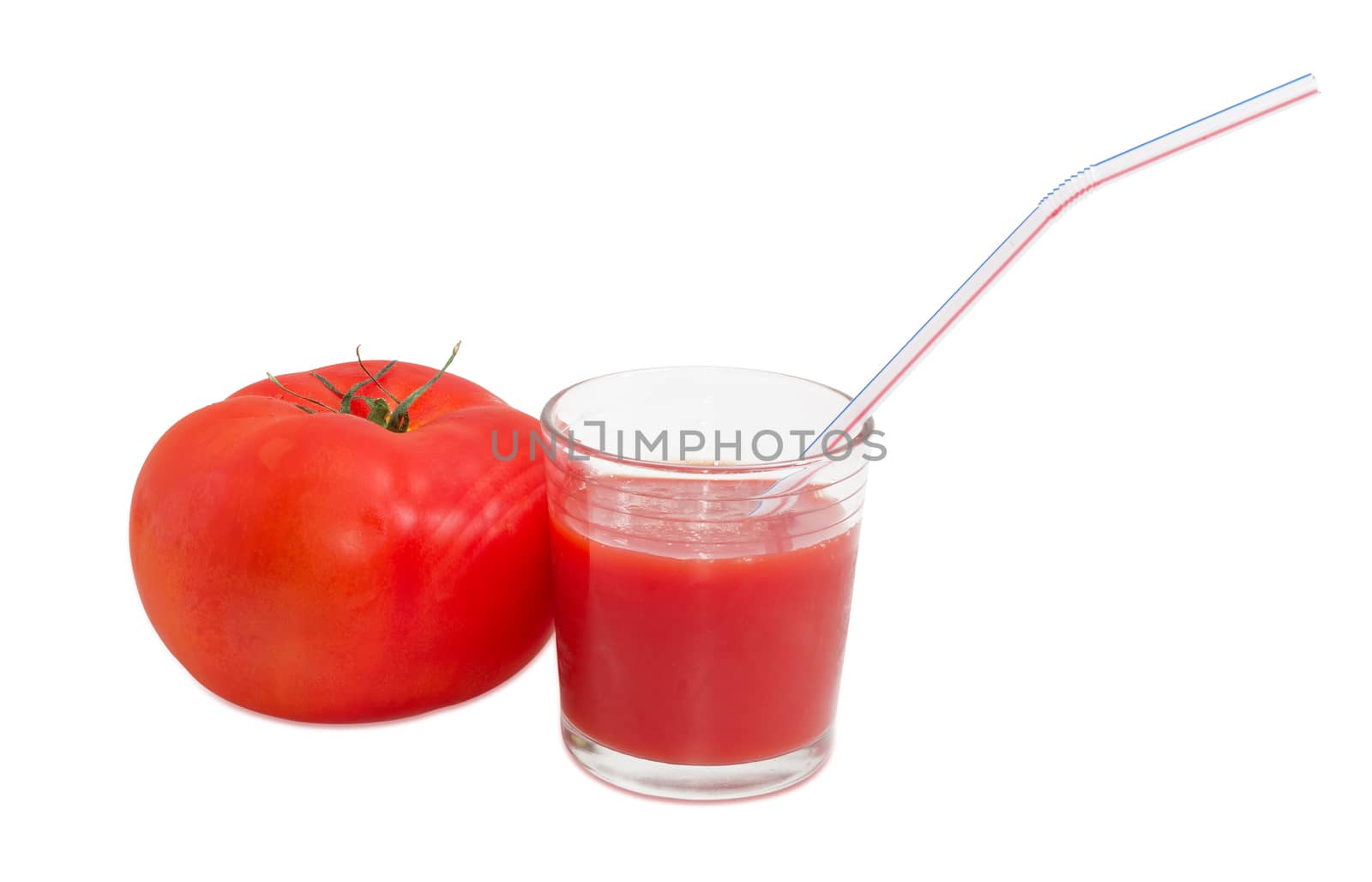 Tomato and glass of tomato juice with drinking straw by anmbph