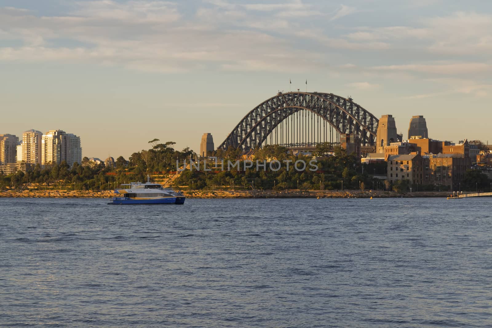 Sydney Harbour Bridge Australia at sunset seen from the suburb of Pyrmont