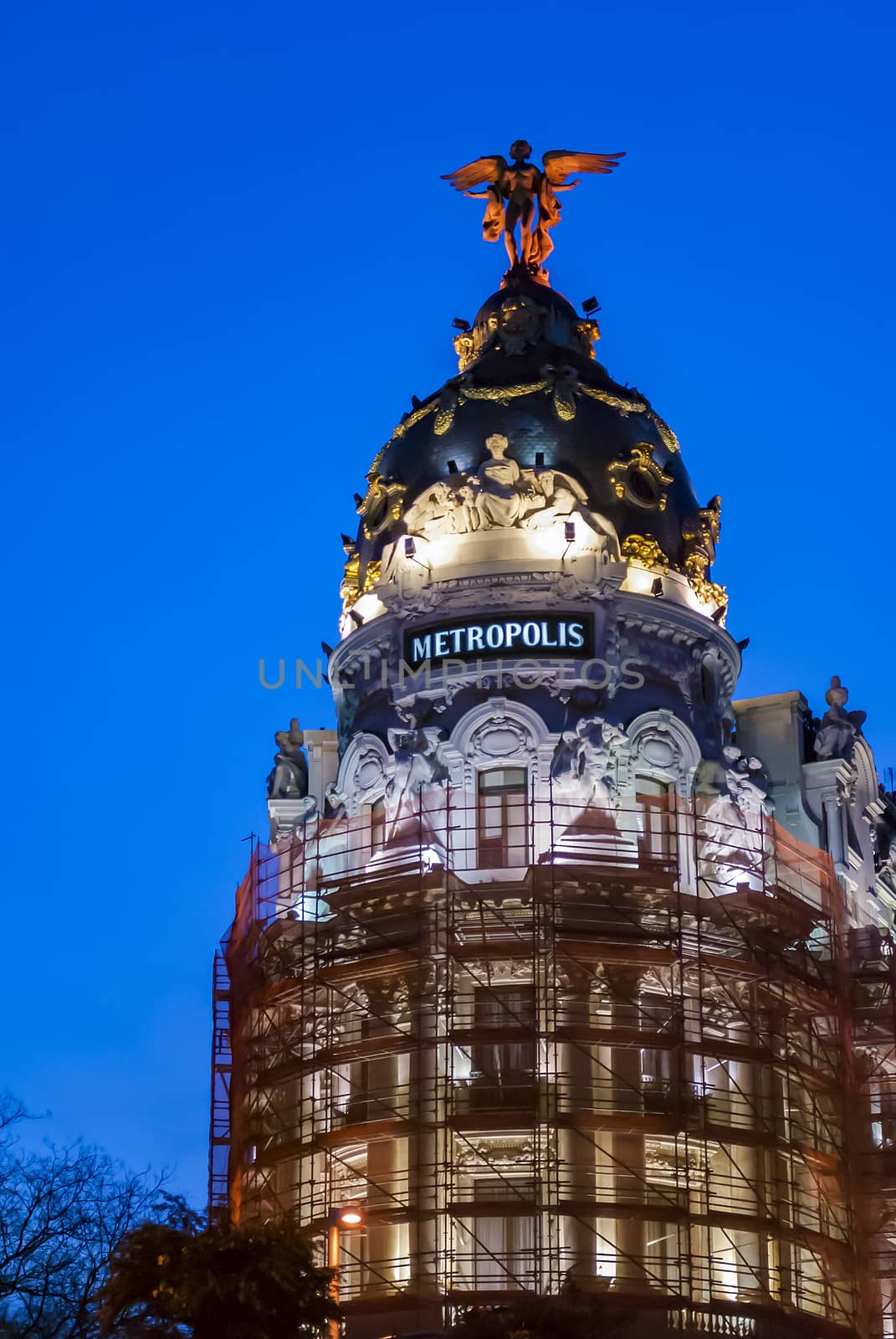 Metropolis building facade located at Gran Via in Madrid, Spain