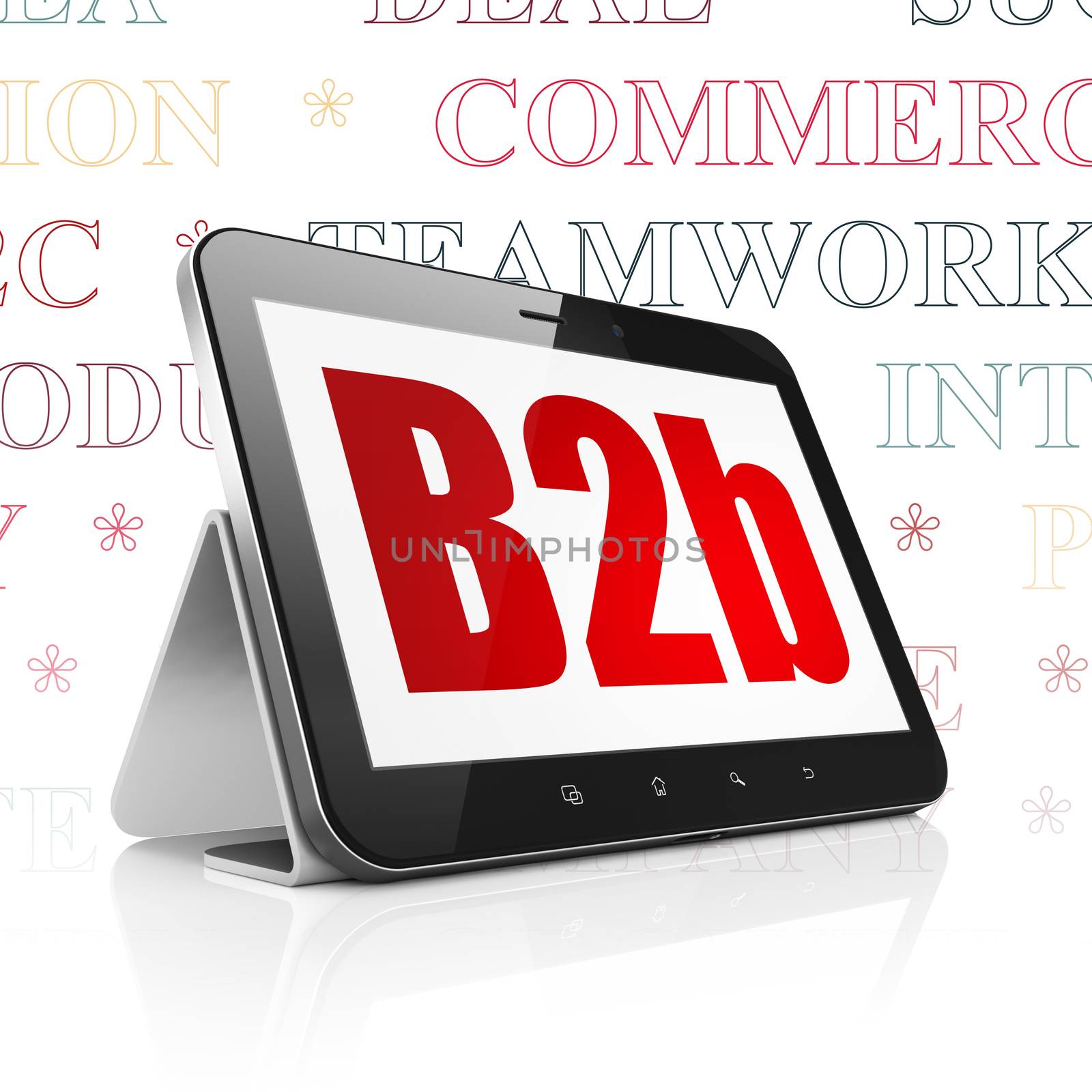Business concept: Tablet Computer with  red text B2b on display,  Tag Cloud background, 3D rendering