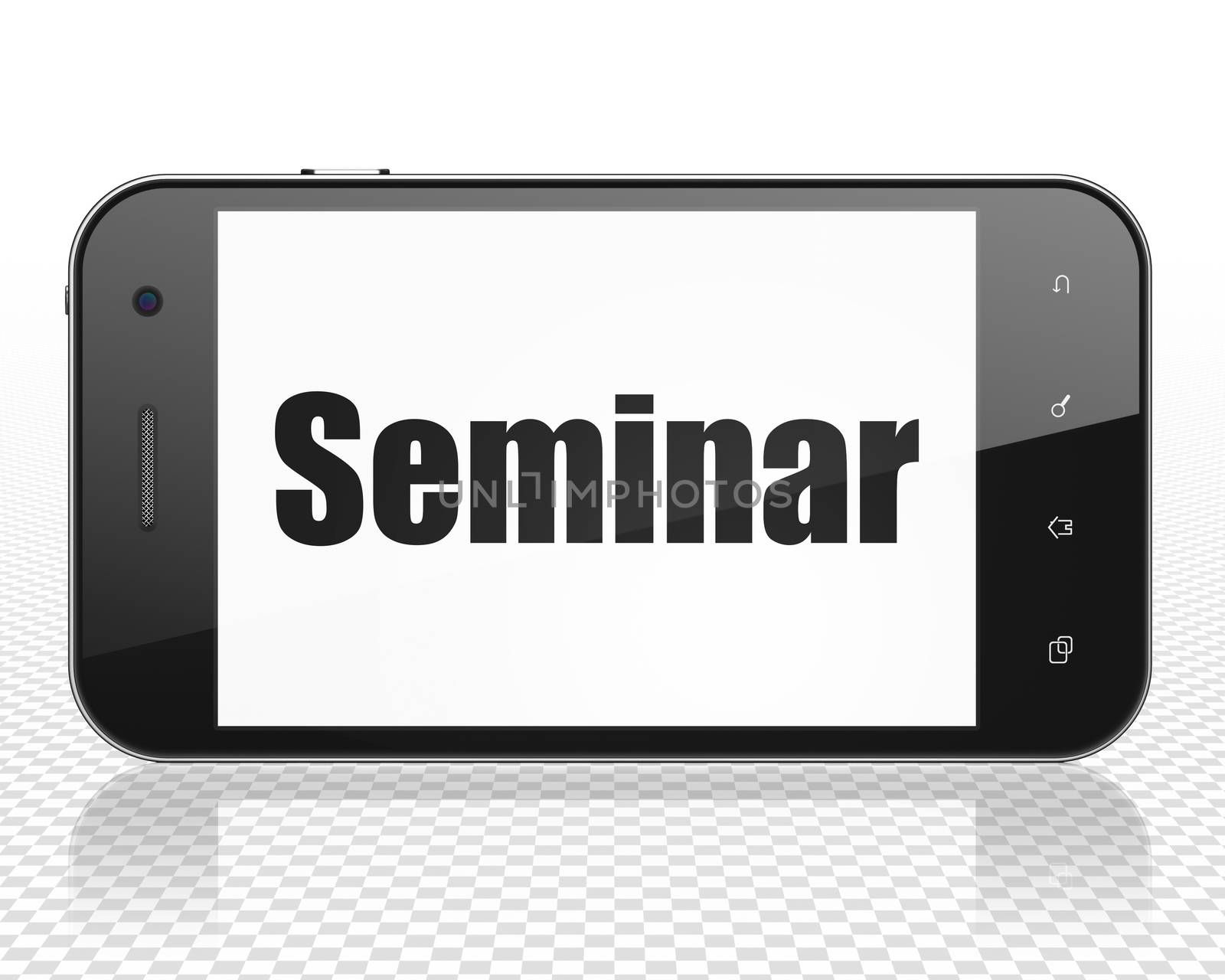 Studying concept: Smartphone with black text Seminar on display, 3D rendering