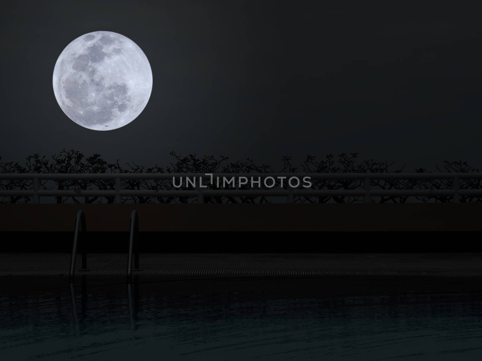 Swimming pool at night with full moon in darkness sky