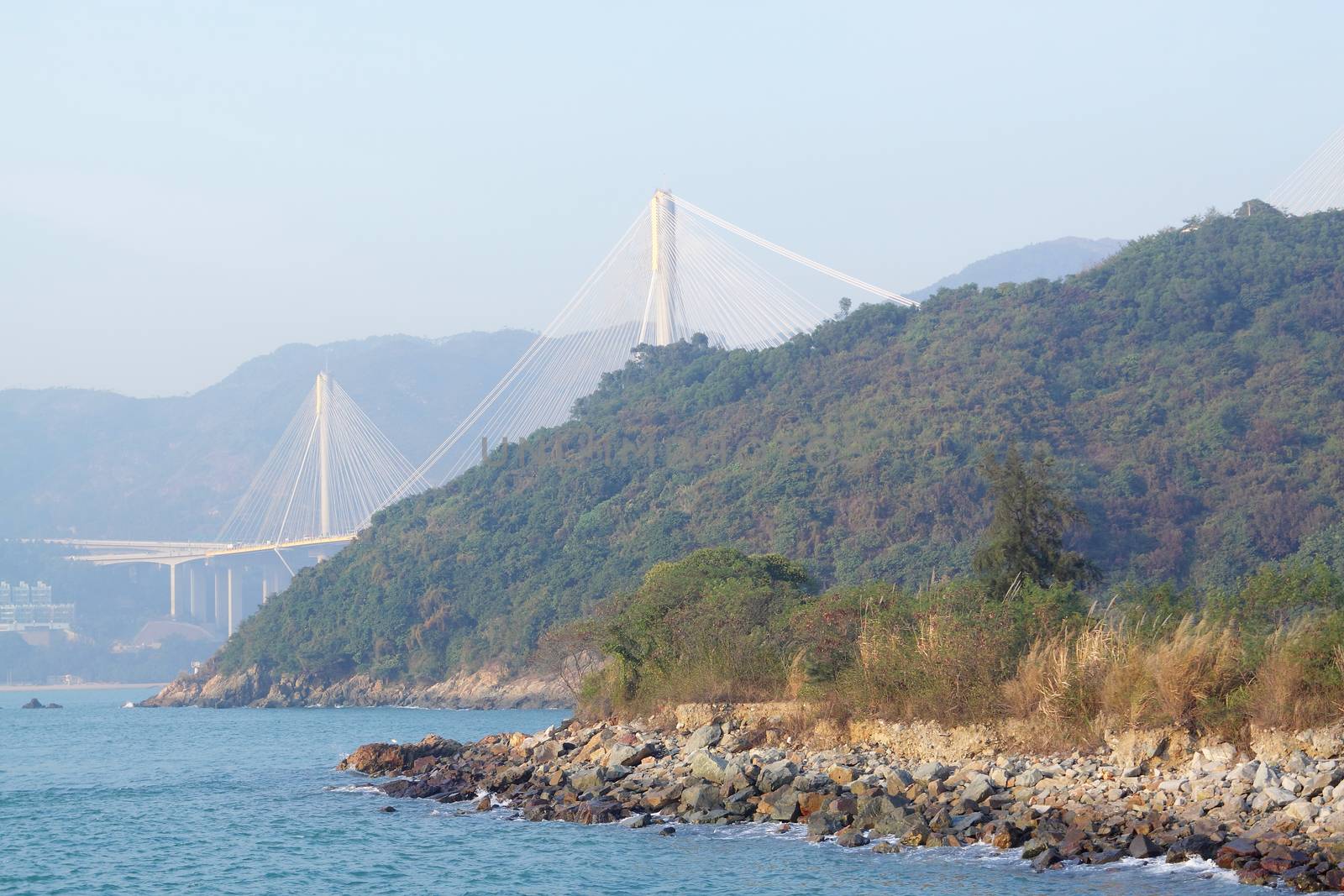 Ting Kau Bridge behind the mountain