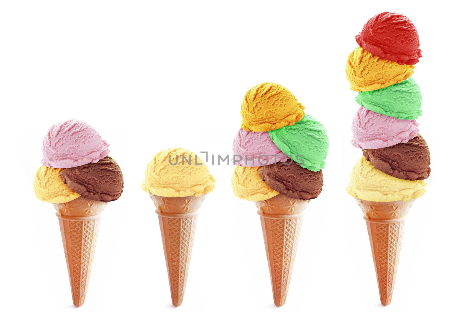 Assorted icecream scoops in cones by unikpix