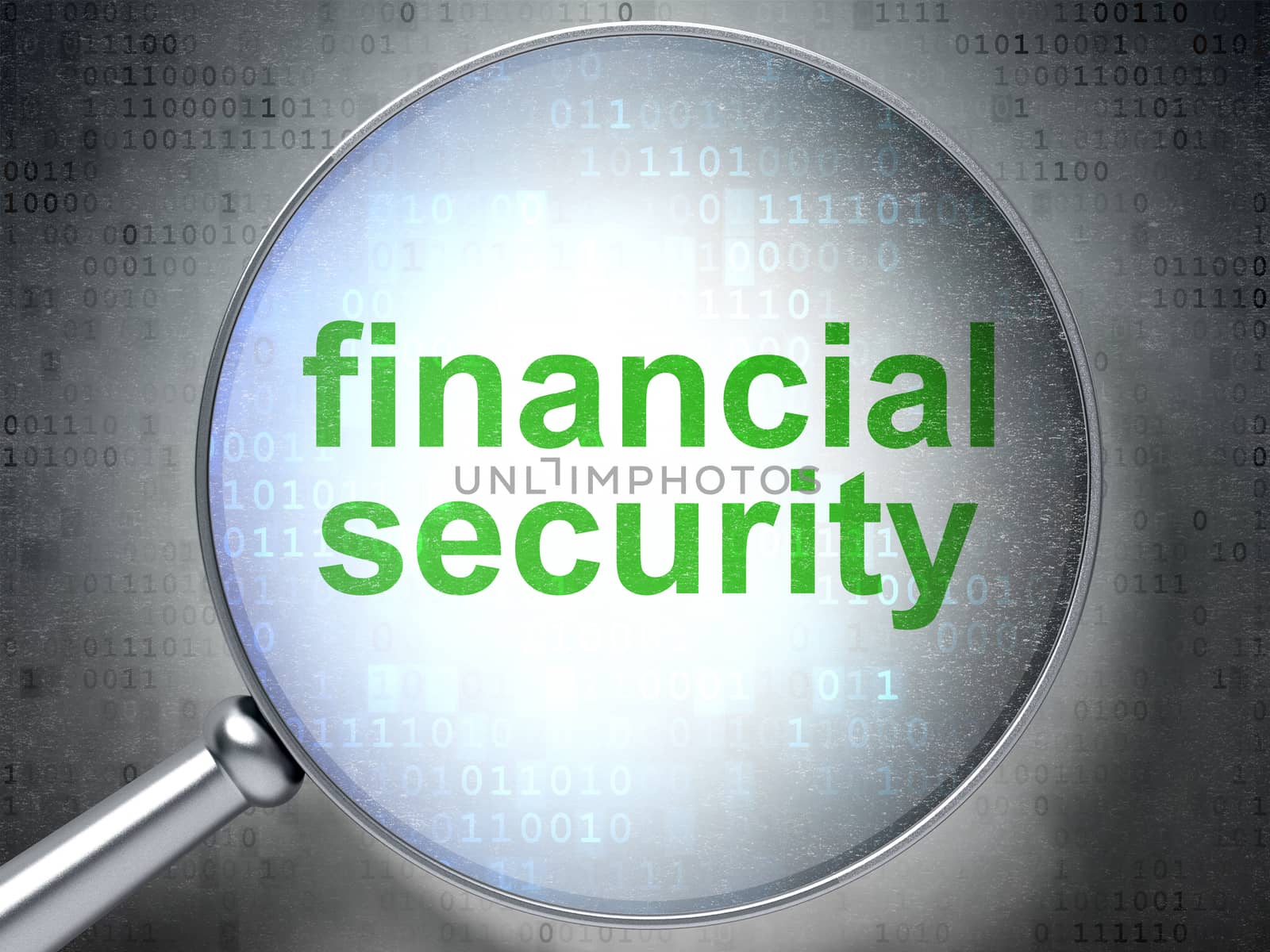 Security concept: magnifying optical glass with words Financial Security on digital background, 3D rendering