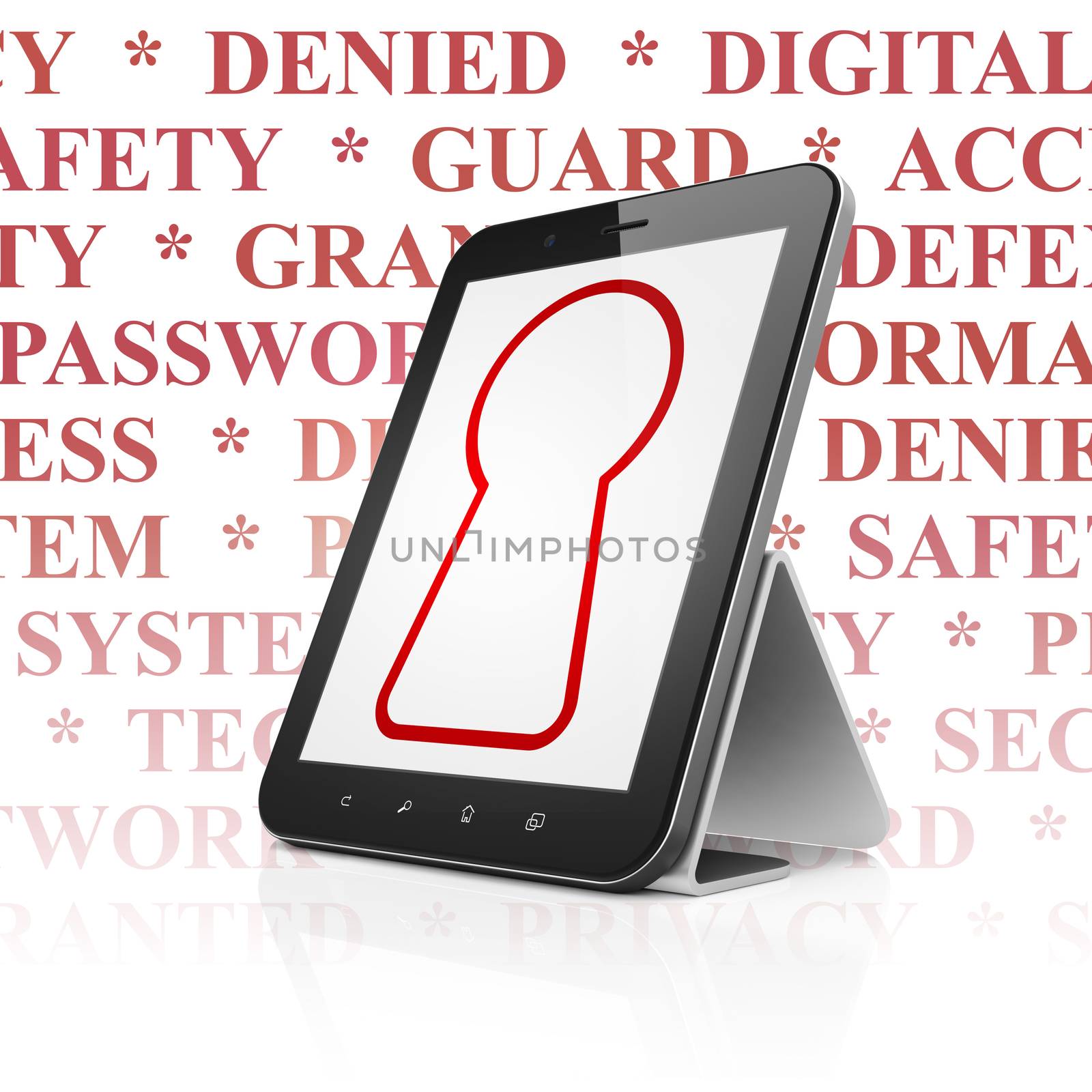 Protection concept: Tablet Computer with  red Keyhole icon on display,  Tag Cloud background, 3D rendering