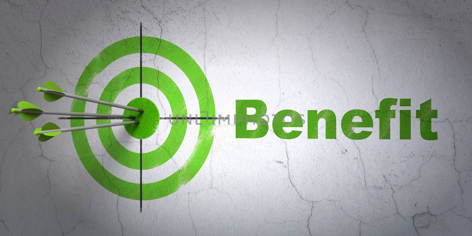 Success business concept: arrows hitting the center of target, Green Benefit on wall background, 3D rendering