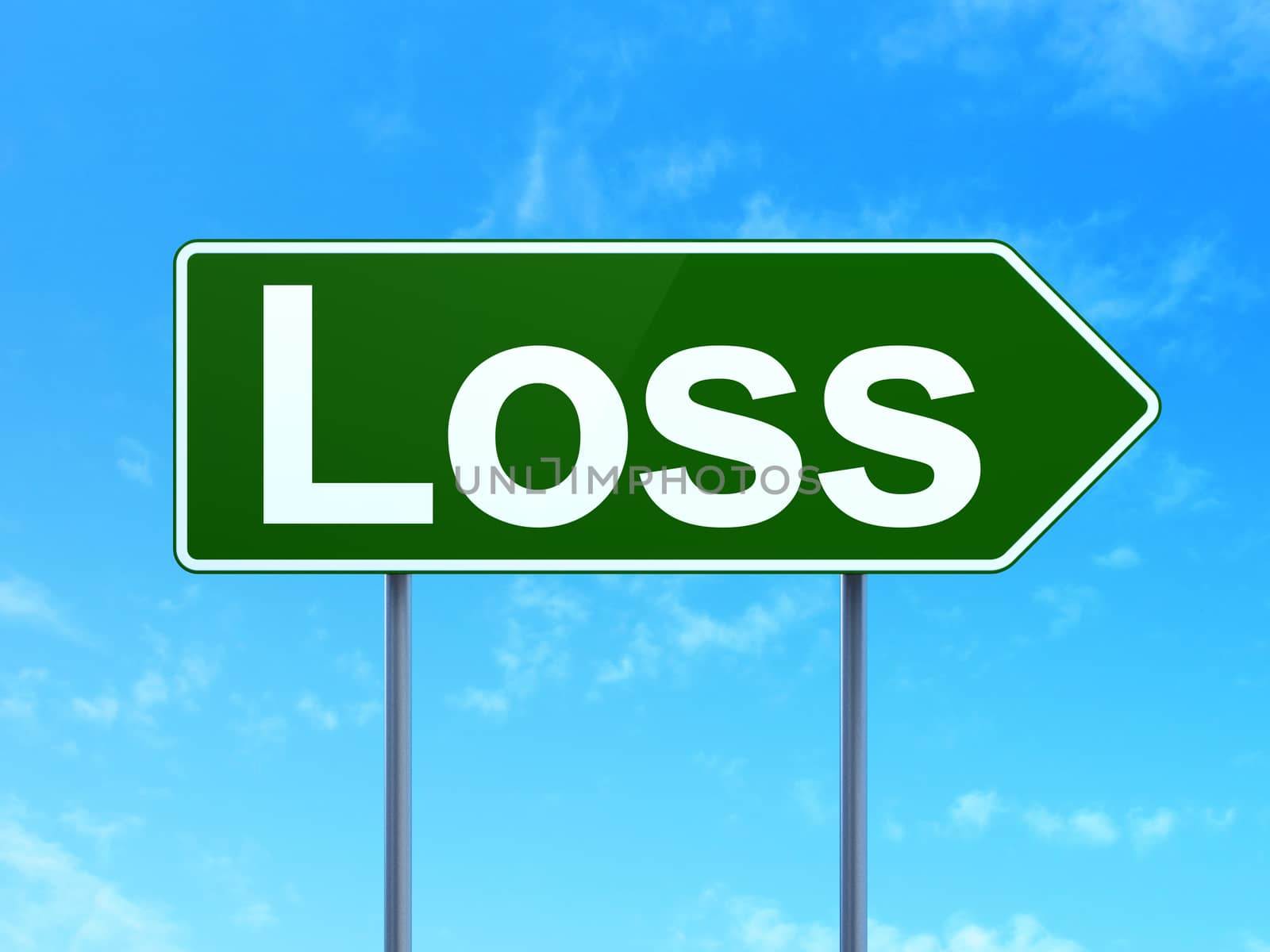 Business concept: Loss on green road highway sign, clear blue sky background, 3D rendering