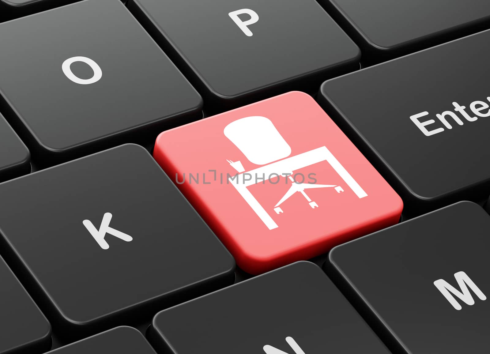 Business concept: computer keyboard with Office icon on enter button background, 3D rendering