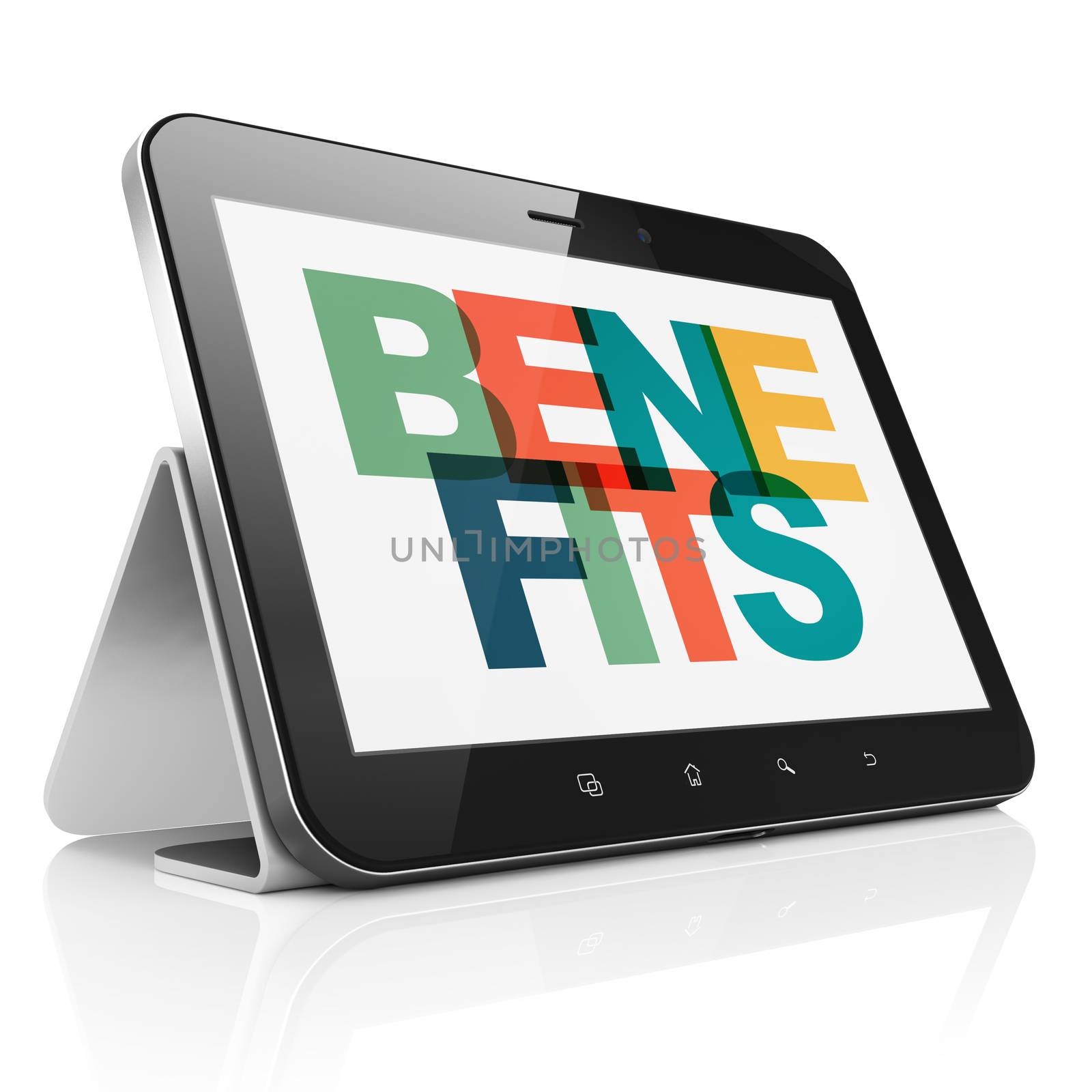 Finance concept: Tablet Computer with Painted multicolor text Benefits on display, 3D rendering