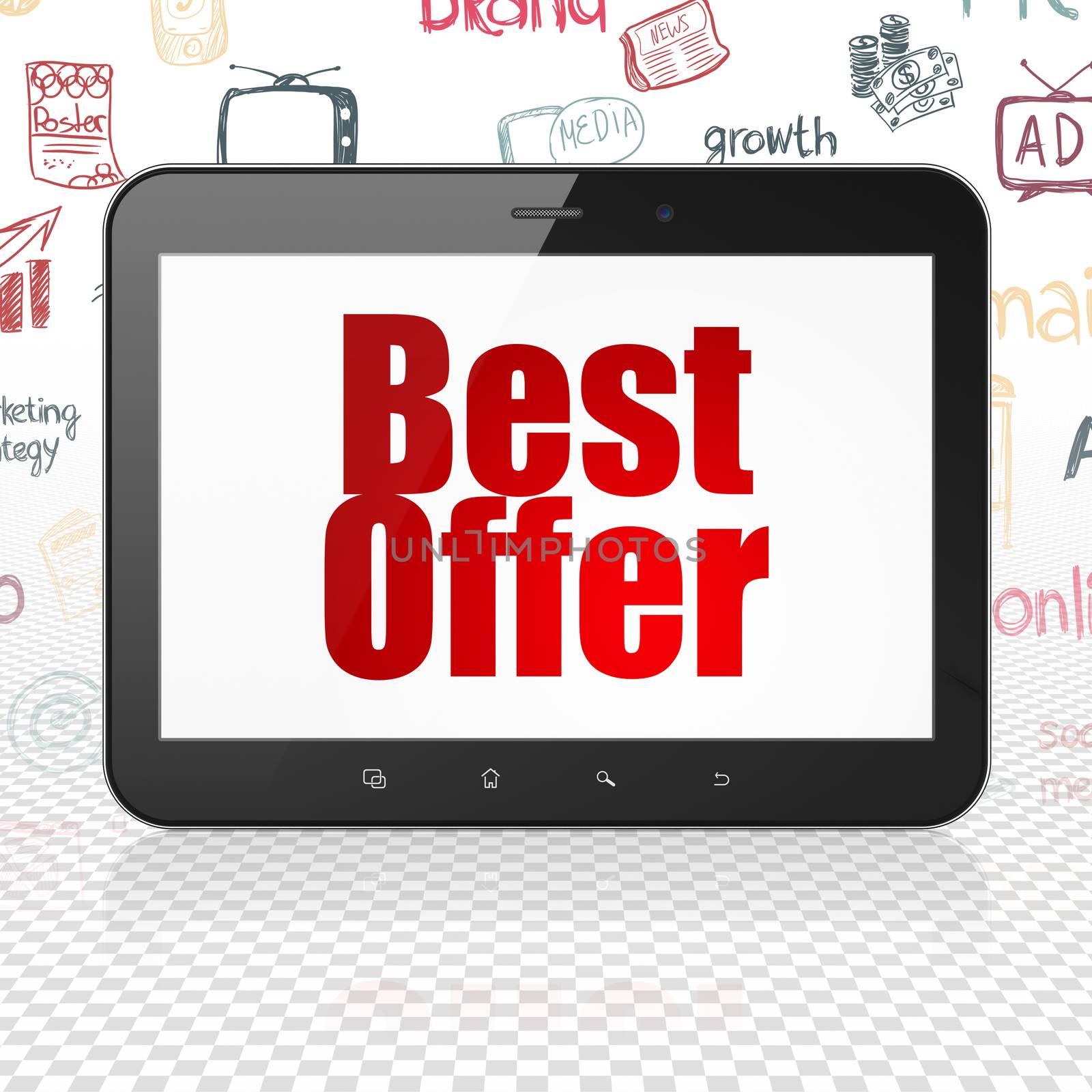 Marketing concept: Tablet Computer with  red text Best Offer on display,  Hand Drawn Marketing Icons background, 3D rendering