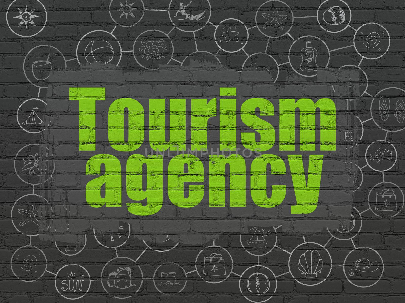 Vacation concept: Painted green text Tourism Agency on Black Brick wall background with Scheme Of Hand Drawn Vacation Icons