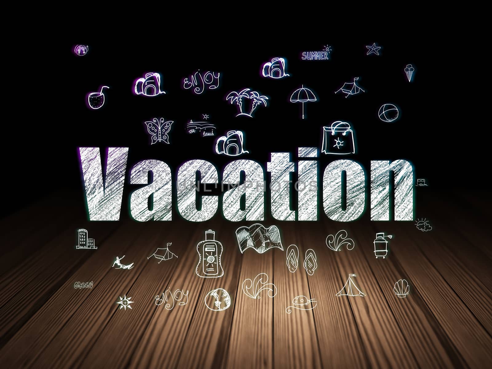 Travel concept: Glowing text Vacation,  Hand Drawn Vacation Icons in grunge dark room with Wooden Floor, black background