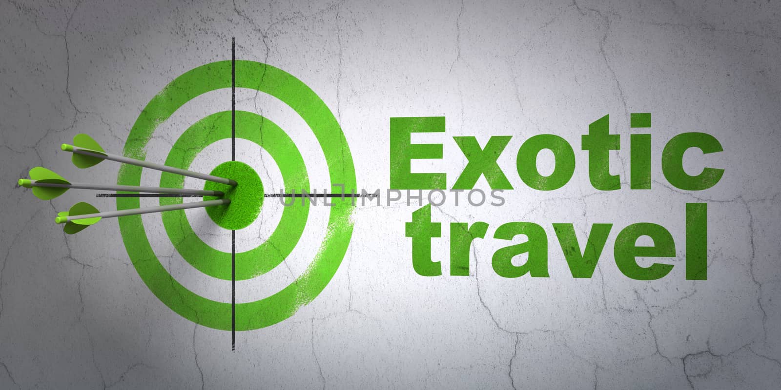 Success travel concept: arrows hitting the center of target, Green Exotic Travel on wall background, 3D rendering