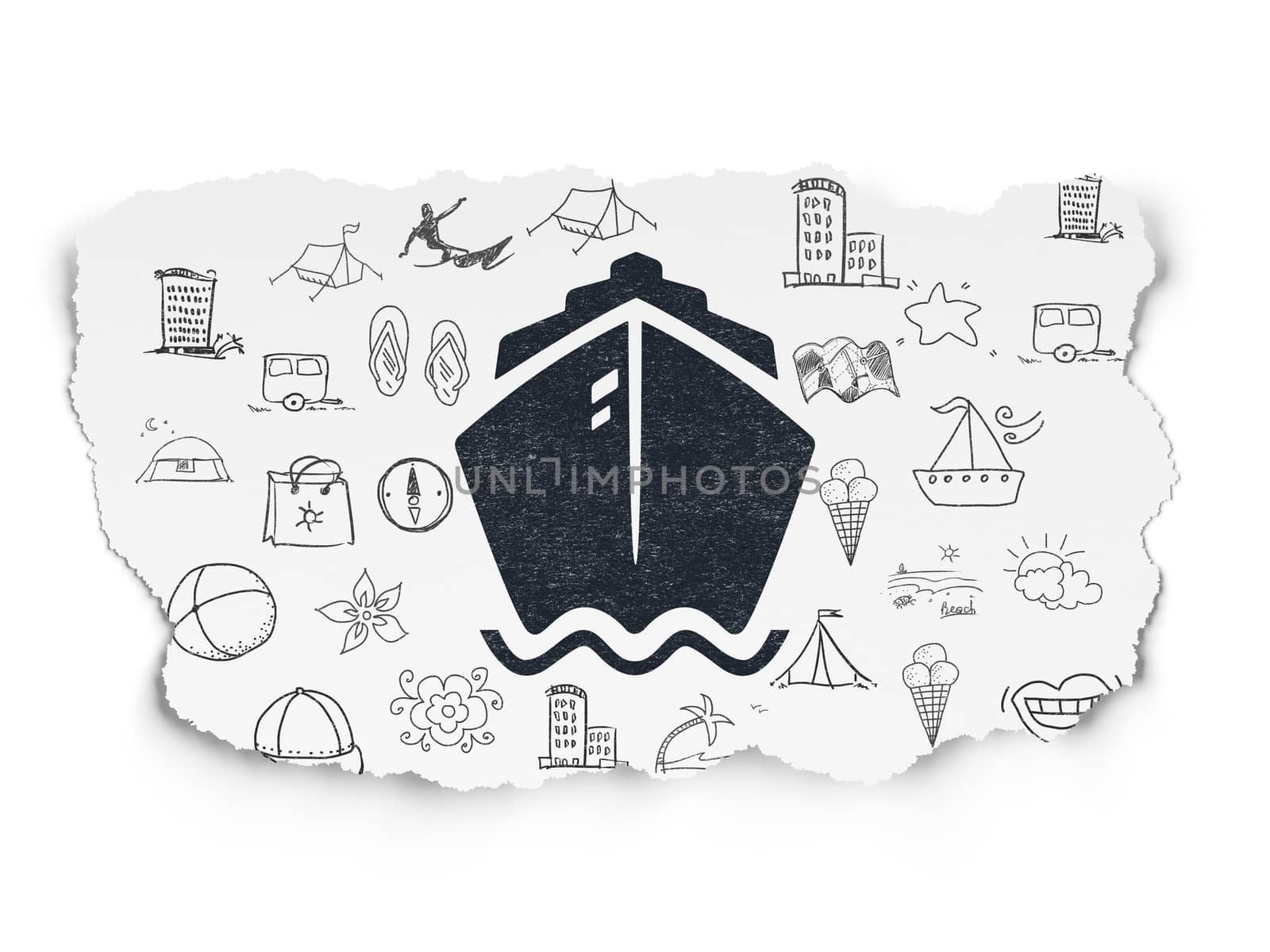 Travel concept: Painted black Ship icon on Torn Paper background with  Hand Drawn Vacation Icons