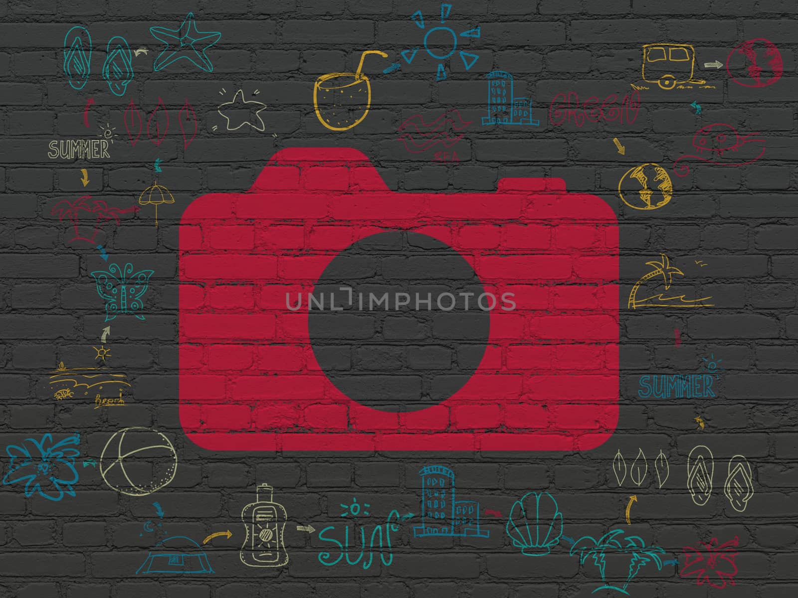Travel concept: Painted red Photo Camera icon on Black Brick wall background with Scheme Of Hand Drawn Vacation Icons