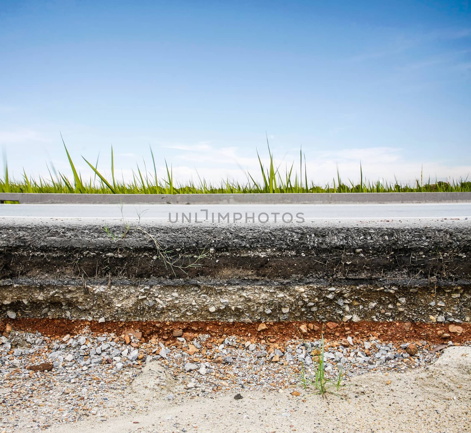 asphalt layer road with meadow and blue sky