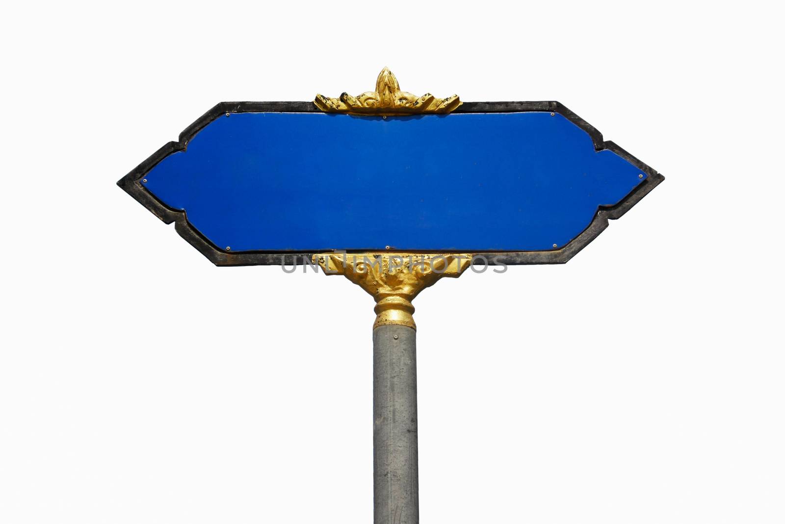 old blank blue road sign pole with floral pattern