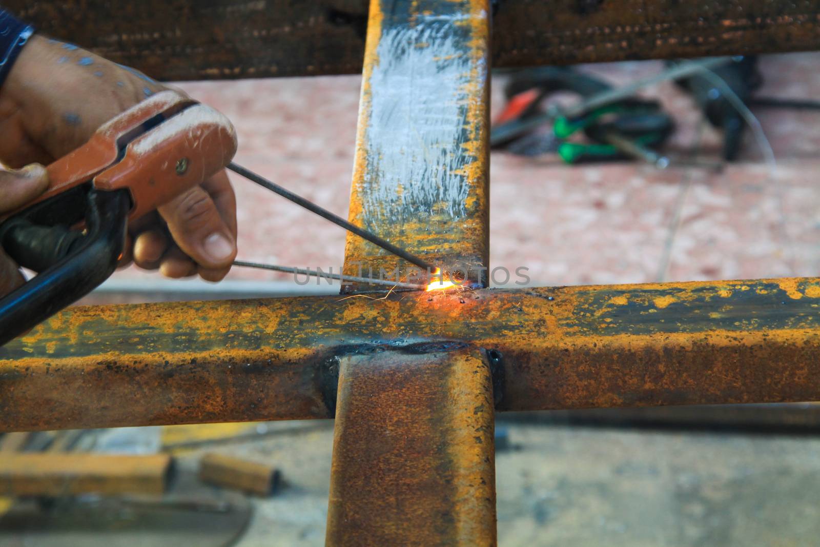 welding steel iron with smoke