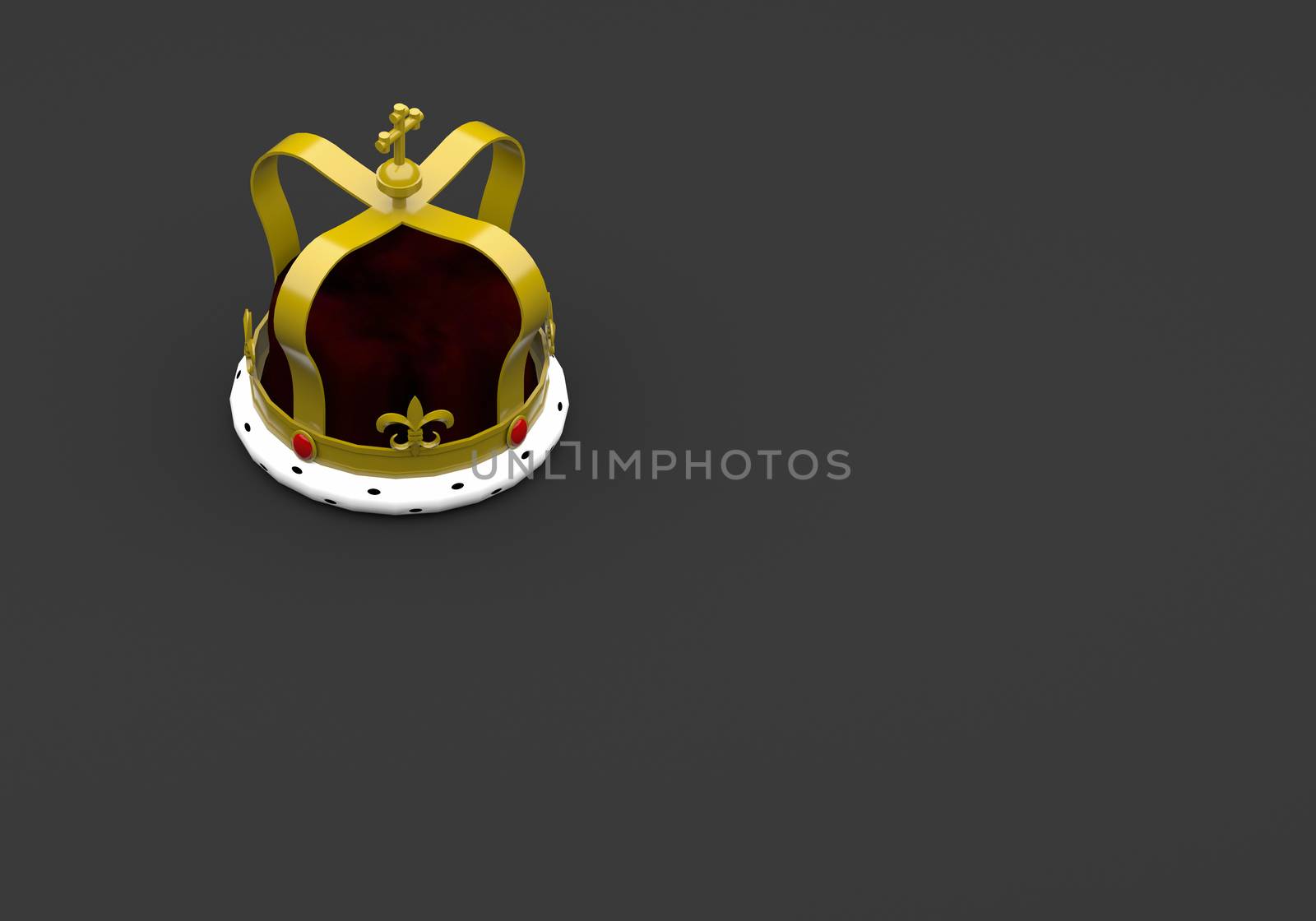 3D RENDERING OF GOLDEN KING CROWN WITH RED JEWELS ON PLAIN BLACK BACKGROUND