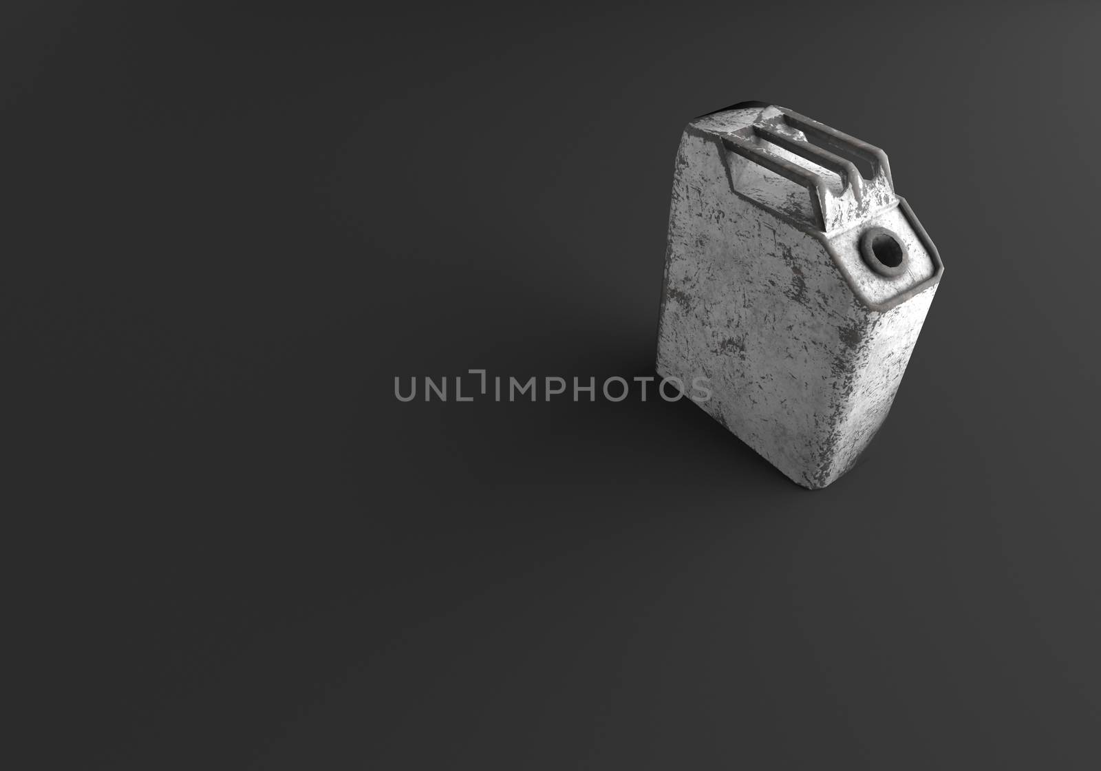 3D RENDERING OF OLD RUSTIC METAL CANISTER ON PLAIN BLACK BACKGROUND